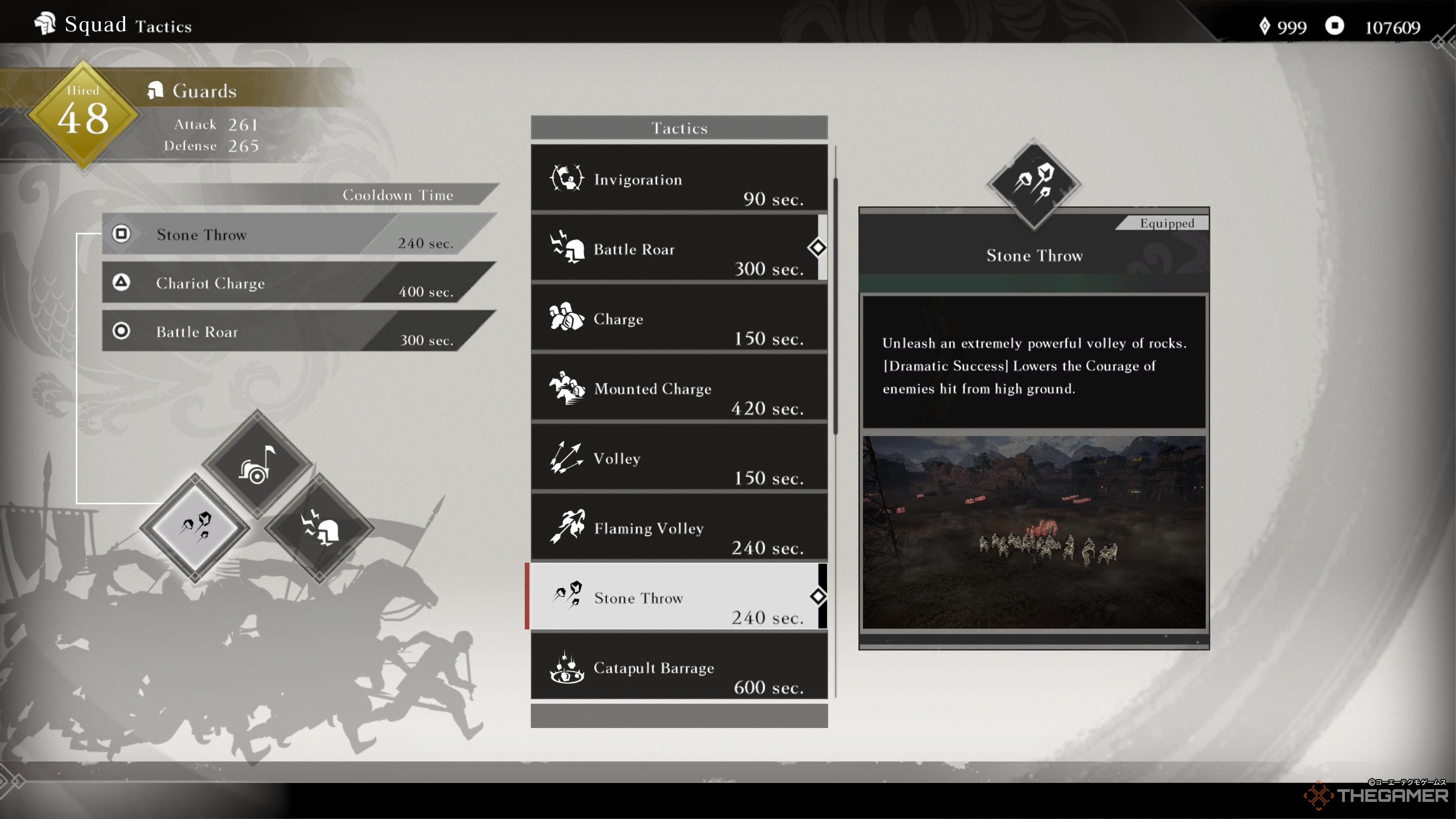 the tactics screen in dynasty warriors: origins with stone throw highlighted.