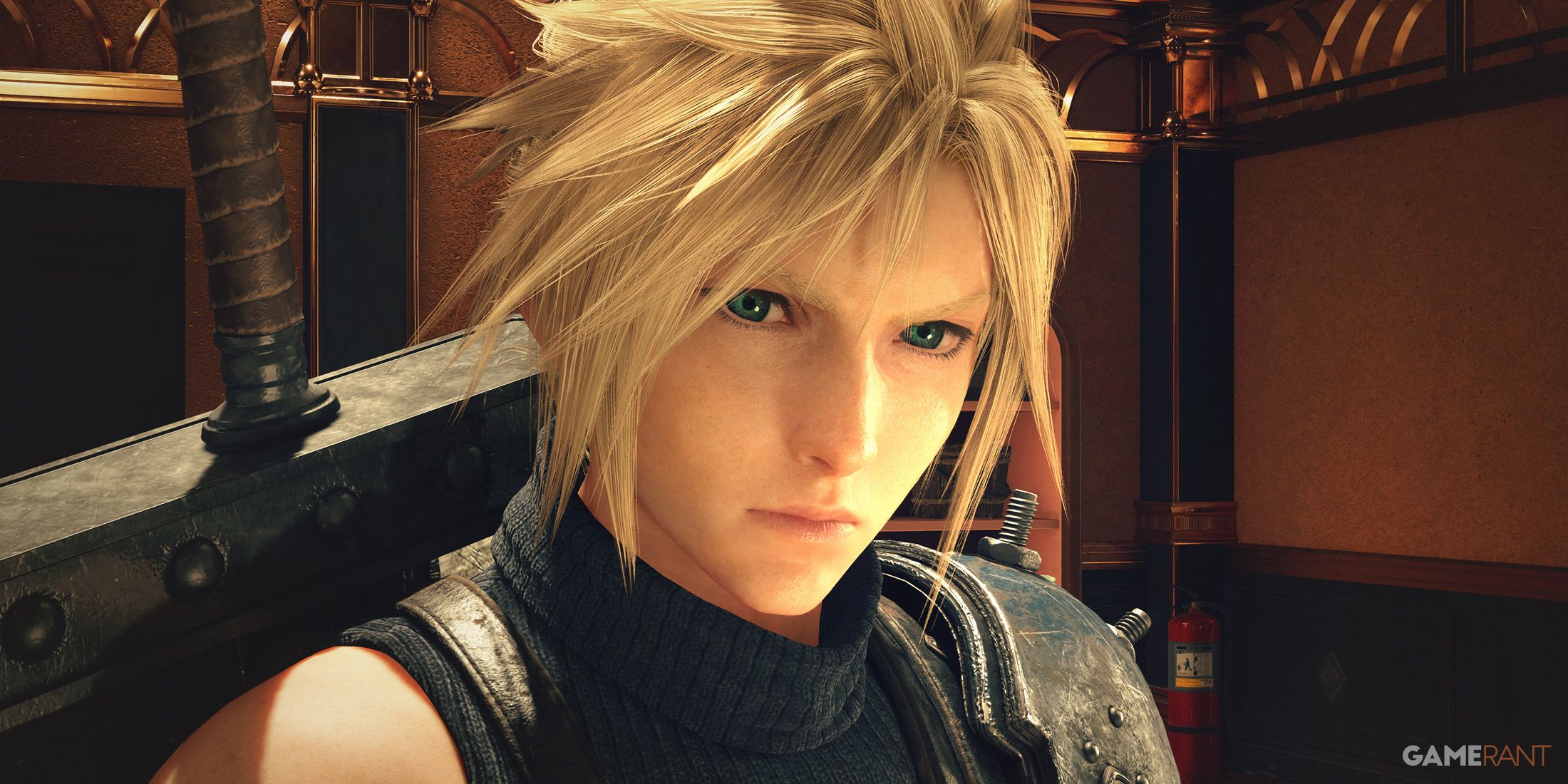 Final Fantasy 7 Rebirth Cloud Strife frowning close-up promo gameplay screenshot