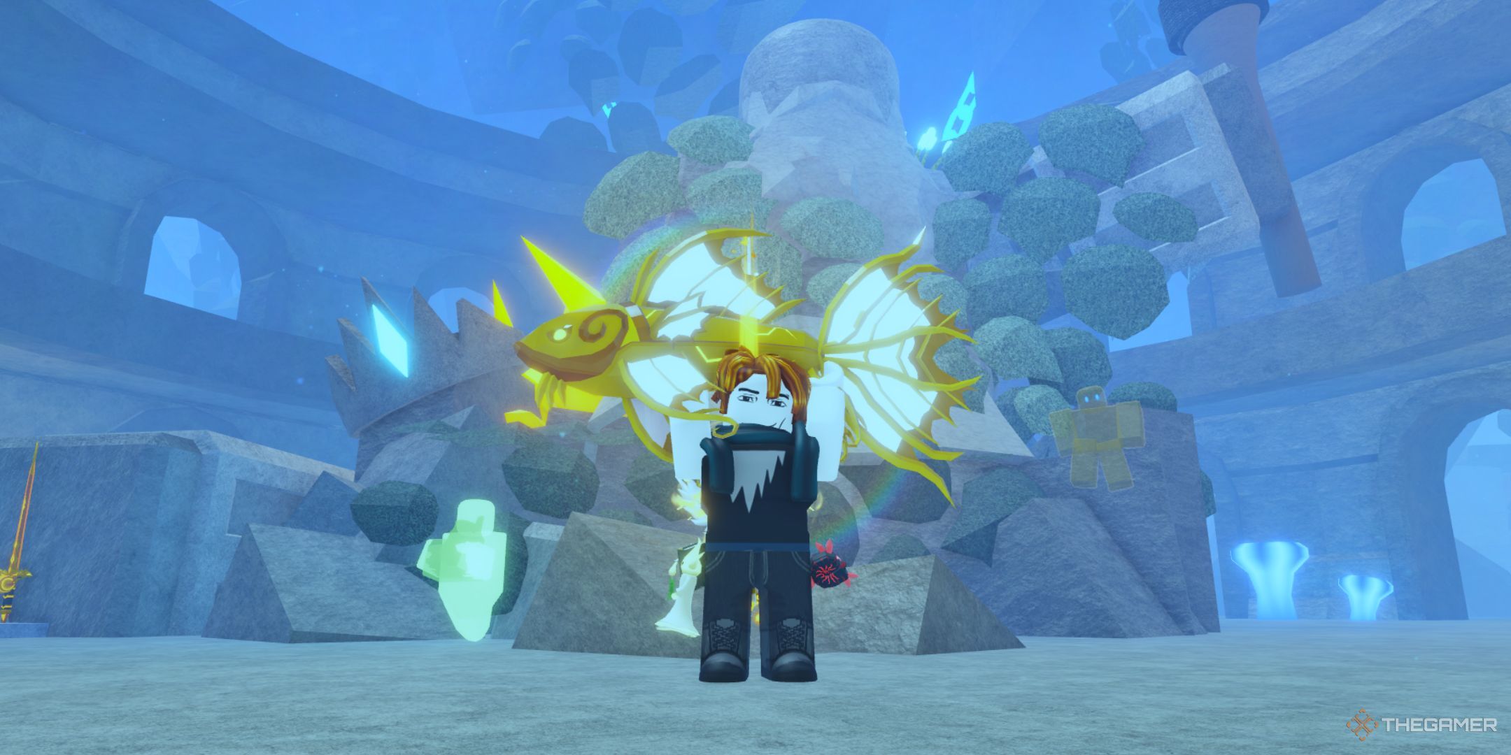 The player character holding Zeus Herald with his right hand while smiling in Atlantis in Fisch.