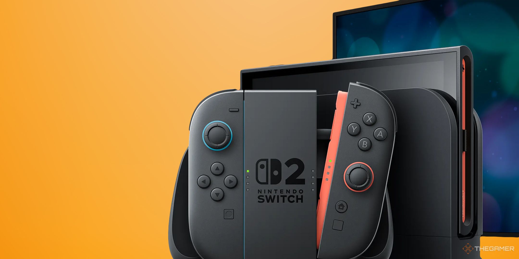 NEWS Switch 2 joy-cons attached to form a controller in front of a docked console.