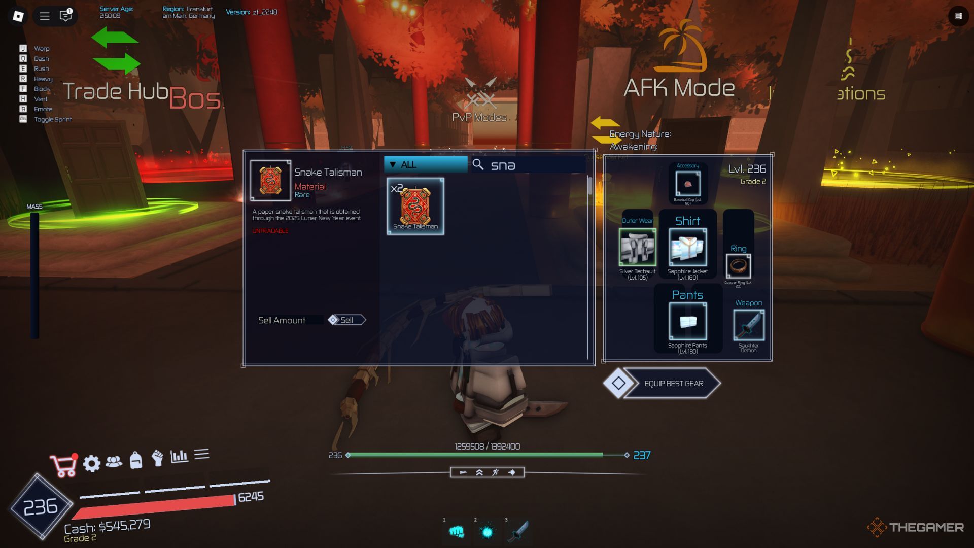 The player character shows Snake Talismans in his inventory in the main lobby in Jujutsu Infinite.