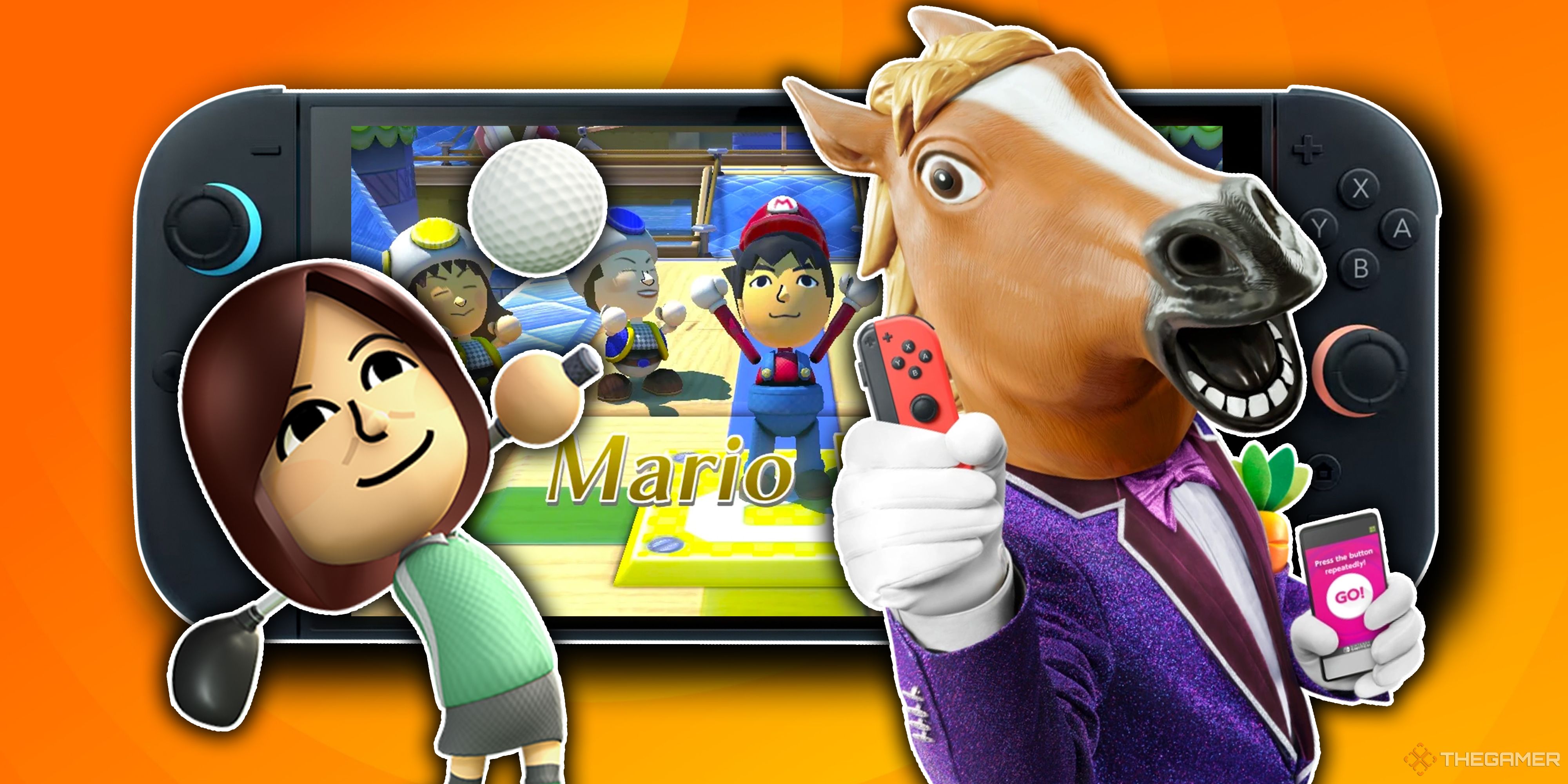 Characters from Wii Sports and 1-2-Switch with a Nintendo Switch 2 in the background playing Nintendo Land.