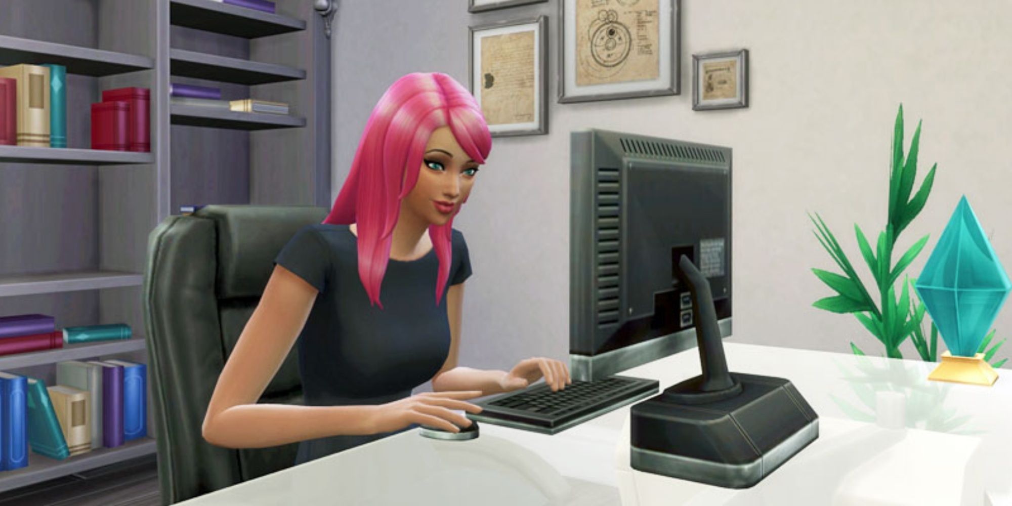 A Sim writing on a computer