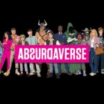 A logo for Absurdaverse, the new game from Dan Houser's Absurd Ventures, with massive cast of modern-fantasy characters lined up behind it.