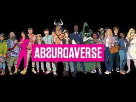 A logo for Absurdaverse, the new game from Dan Houser's Absurd Ventures, with massive cast of modern-fantasy characters lined up behind it.