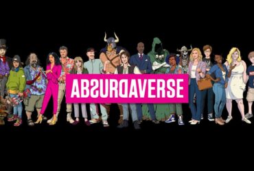 A logo for Absurdaverse, the new game from Dan Houser's Absurd Ventures, with massive cast of modern-fantasy characters lined up behind it.