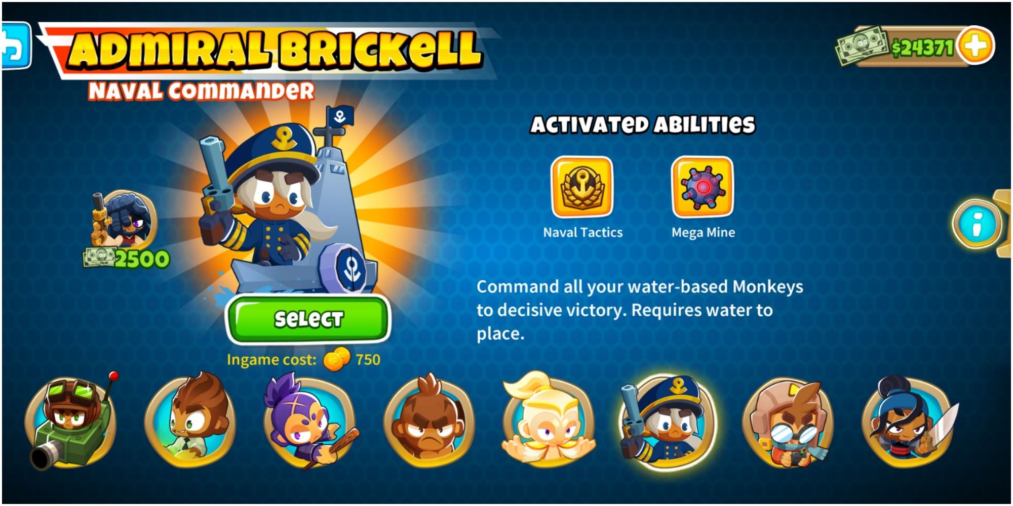 Bloons TD 6 Admiral Brickell On The Character Selection Page