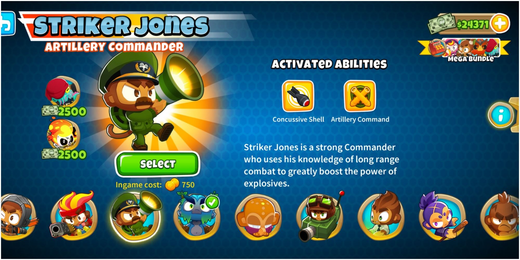 Bloons TD 6 Striker Jones On The Character Selection Page