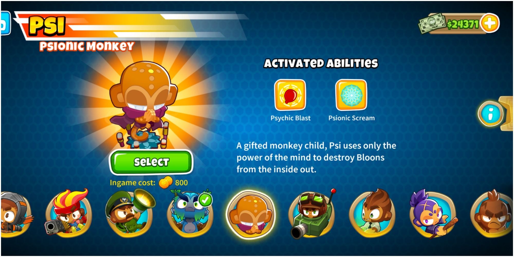 Bloons TD 6 Psi On The Character Selection Page