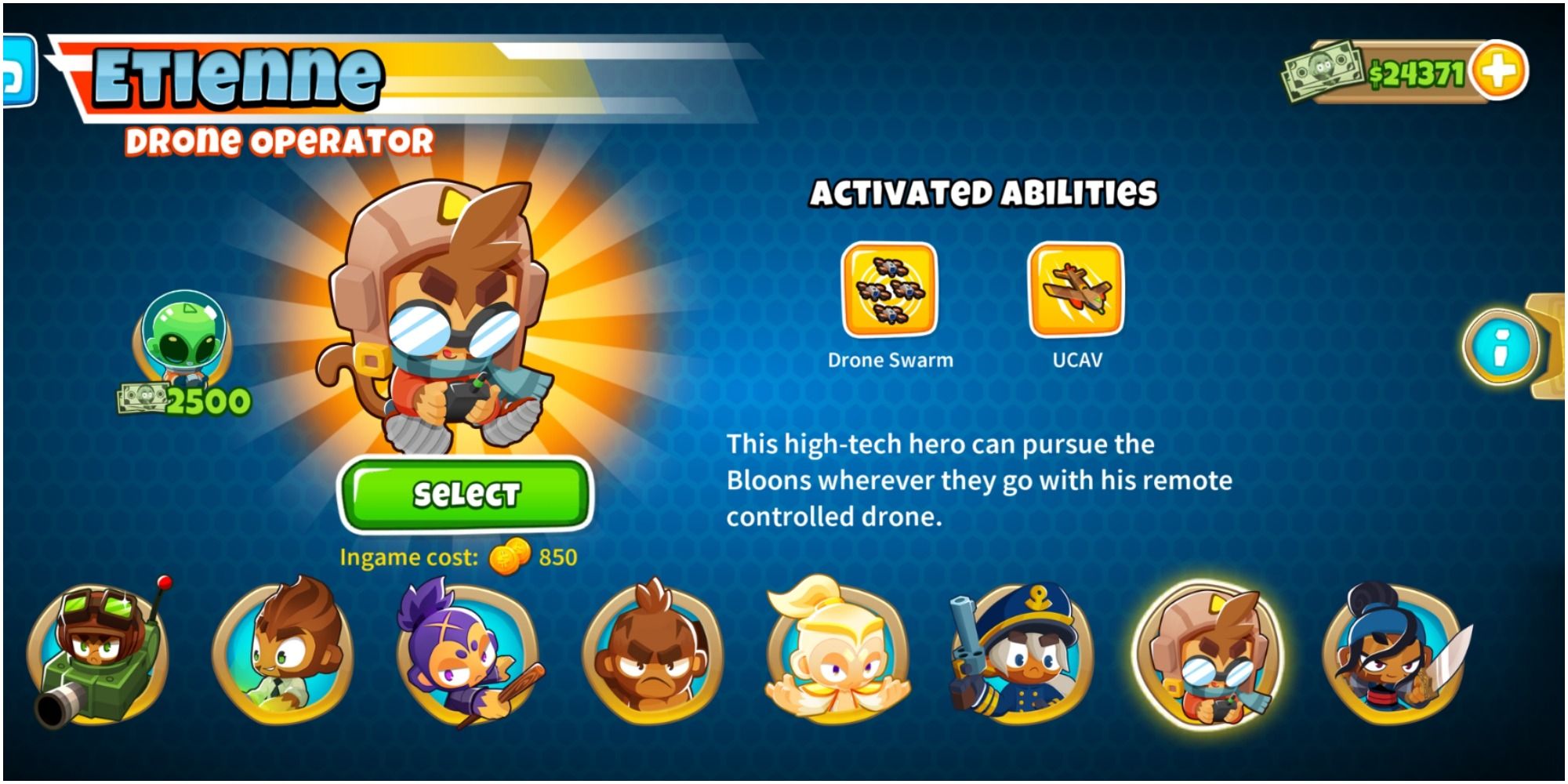 Bloons TD 6 Etienne On The Character Selection Page