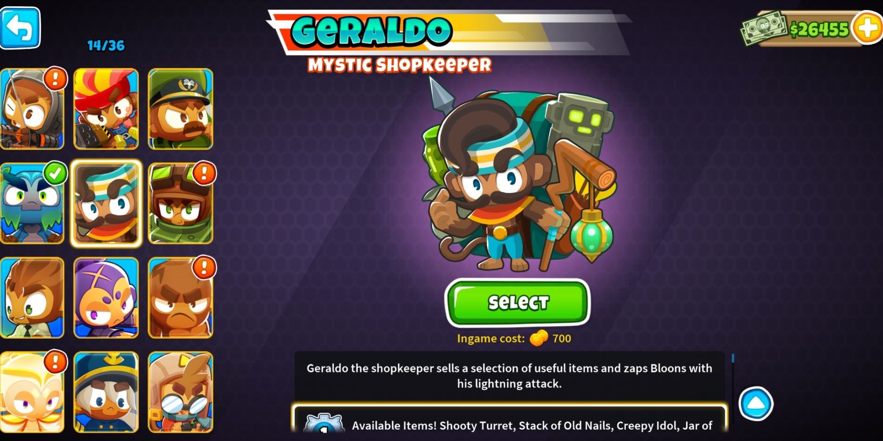 Bloons TD 6 Geraldo On The Character Selection Page