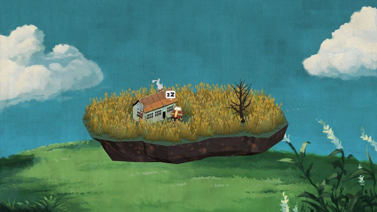 A screenshot from Ropuka's Idle Island, showing a frog napping on a grassy floating island.