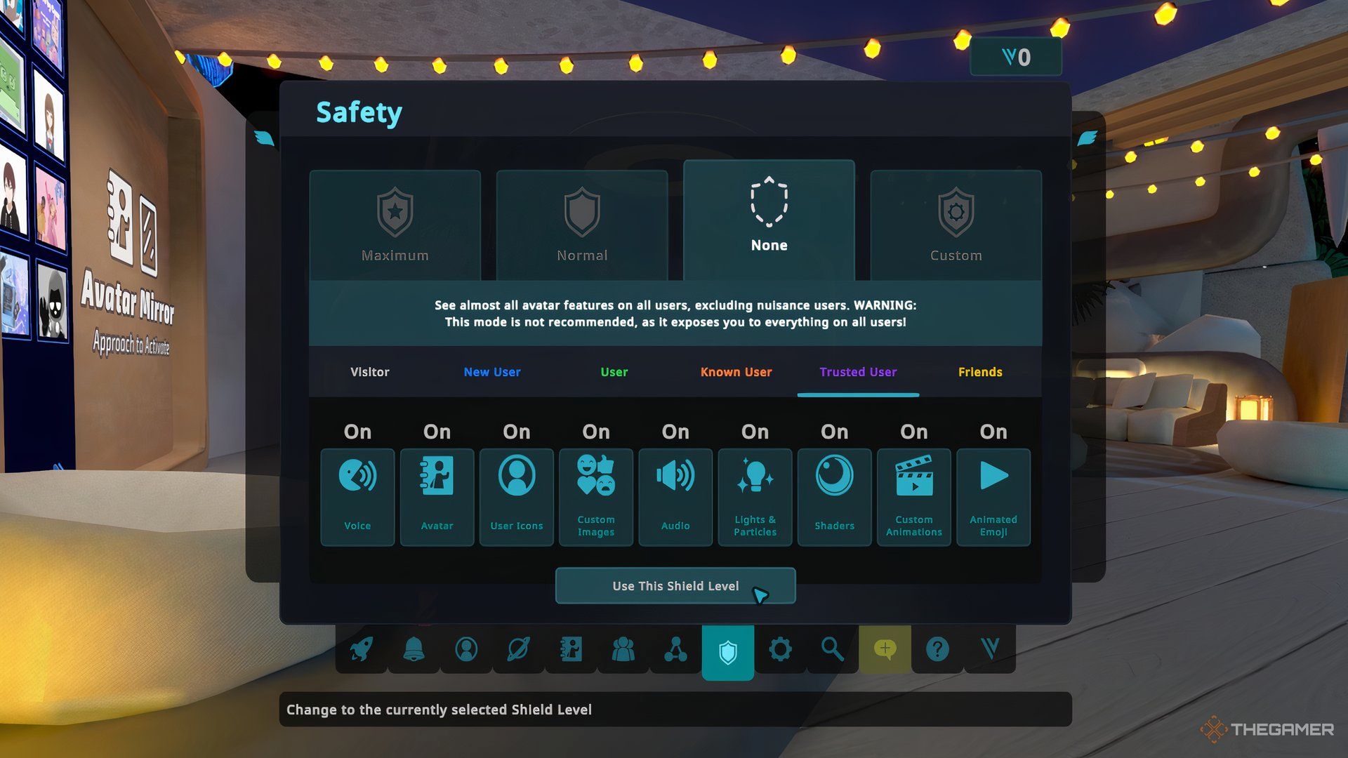 The VRChat home world with the safety shield menu open displaying toggles.