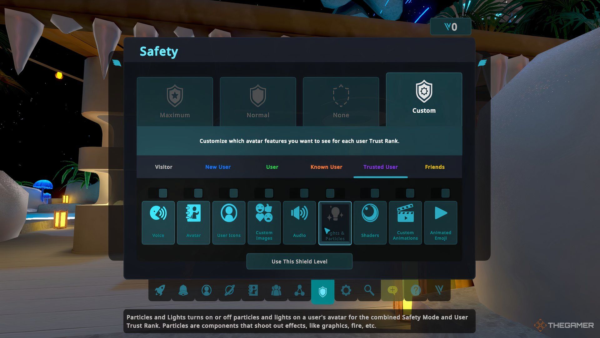 The VRChat custom safety shield menu showing the custom setting.