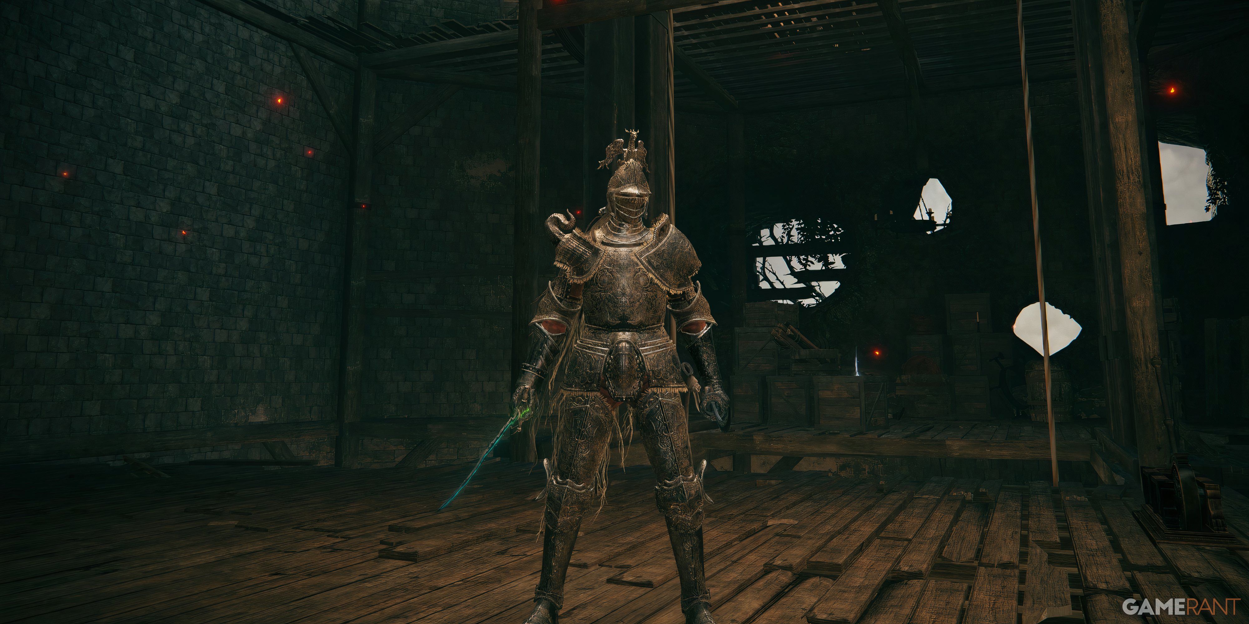 Elden Ring: 13 Best Armor For Poise Builds PLayer wears the Banished Knight armor in Stormveil Castle