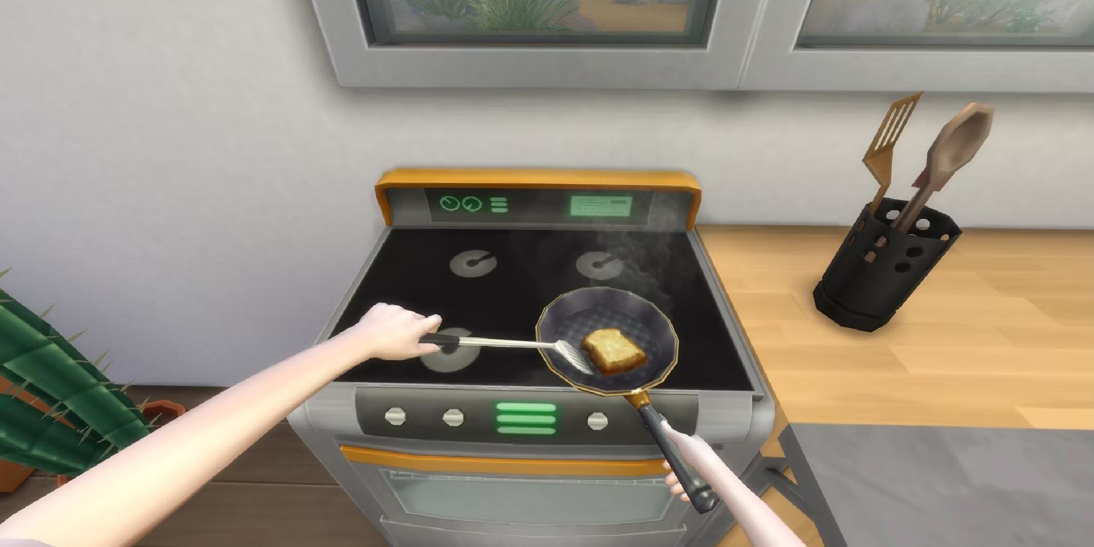 First person image from The Sims 4 showing a sim make a grilled cheese sandwich. 