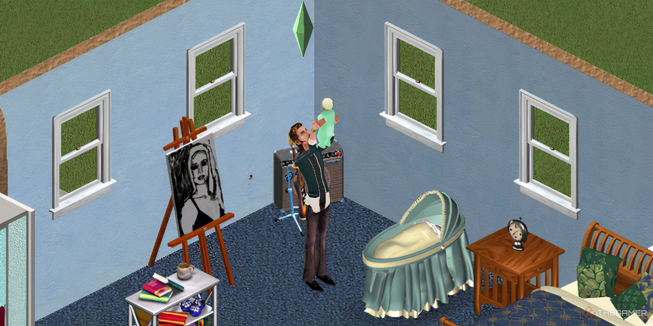 A sim dad holding up his baby in The Sims 1.