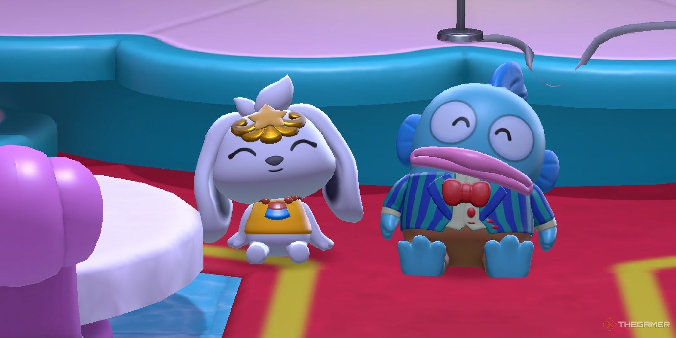 A player and Hangyodon posing together in Hello Kitty Island Adventure.