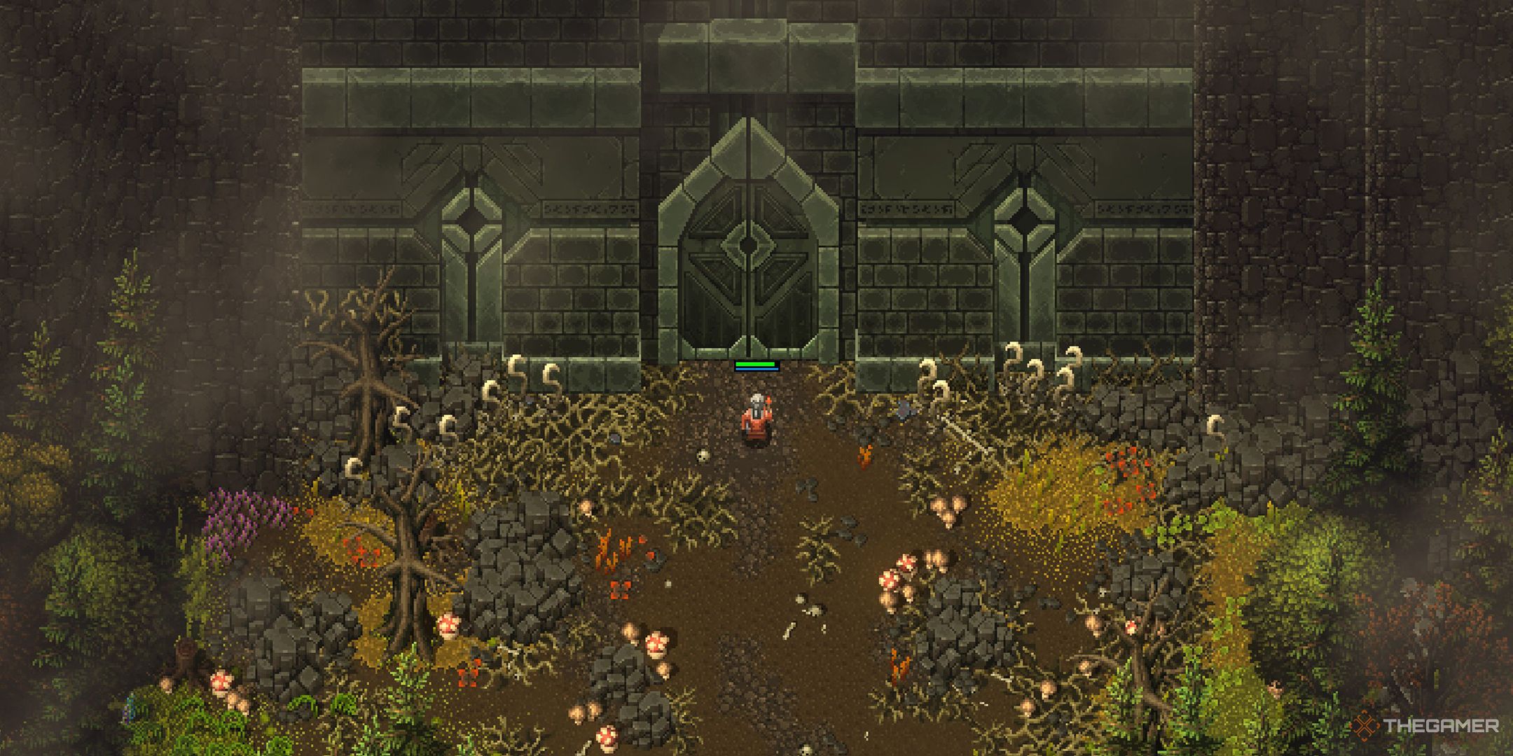 The player standing outside the locked entrance to the Dark Citadel in Heroes of Hammerwatch 2.