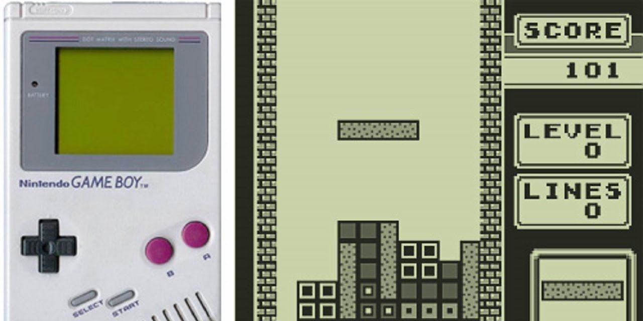 Tetris for the Game Boy split iamge of device and gameplay