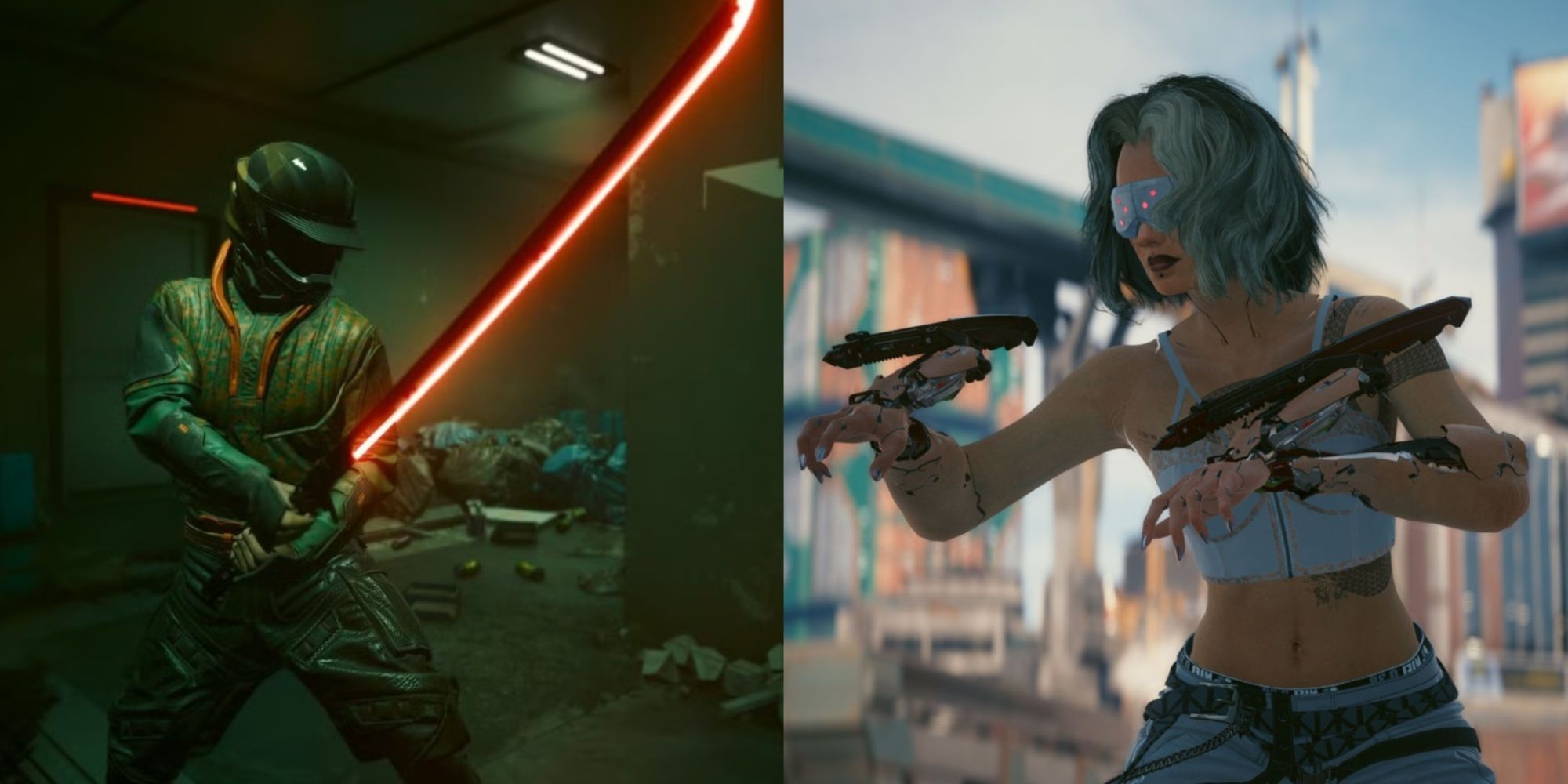 Cyberpunk 2077 collage with the player using a katana and mantis blades