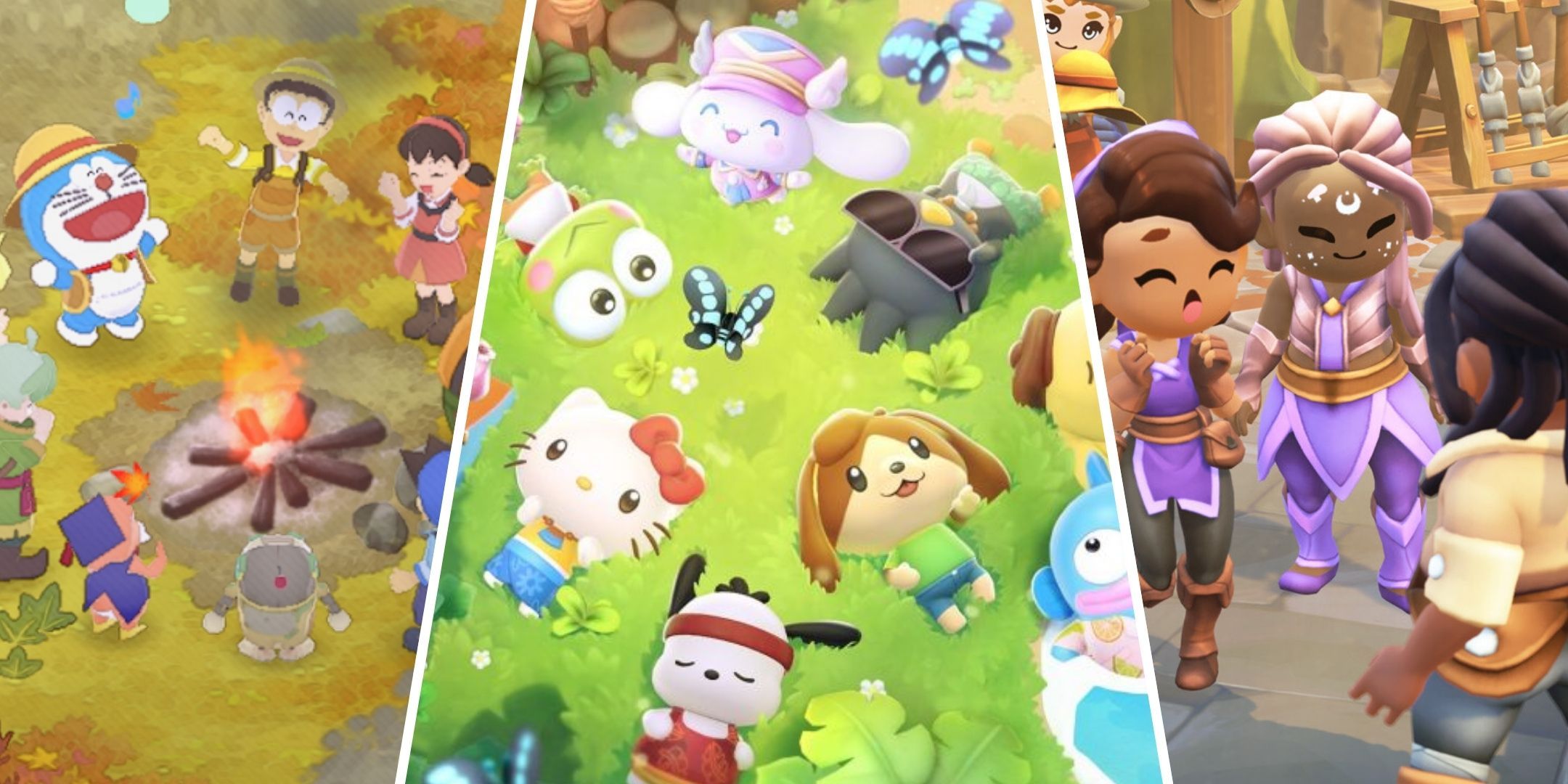 Three Images Of Characters From Doraemon Story Of Seasons: Friends Of The Great Kingdom, Hello Kitty Island Adventure, And Fae Farm.