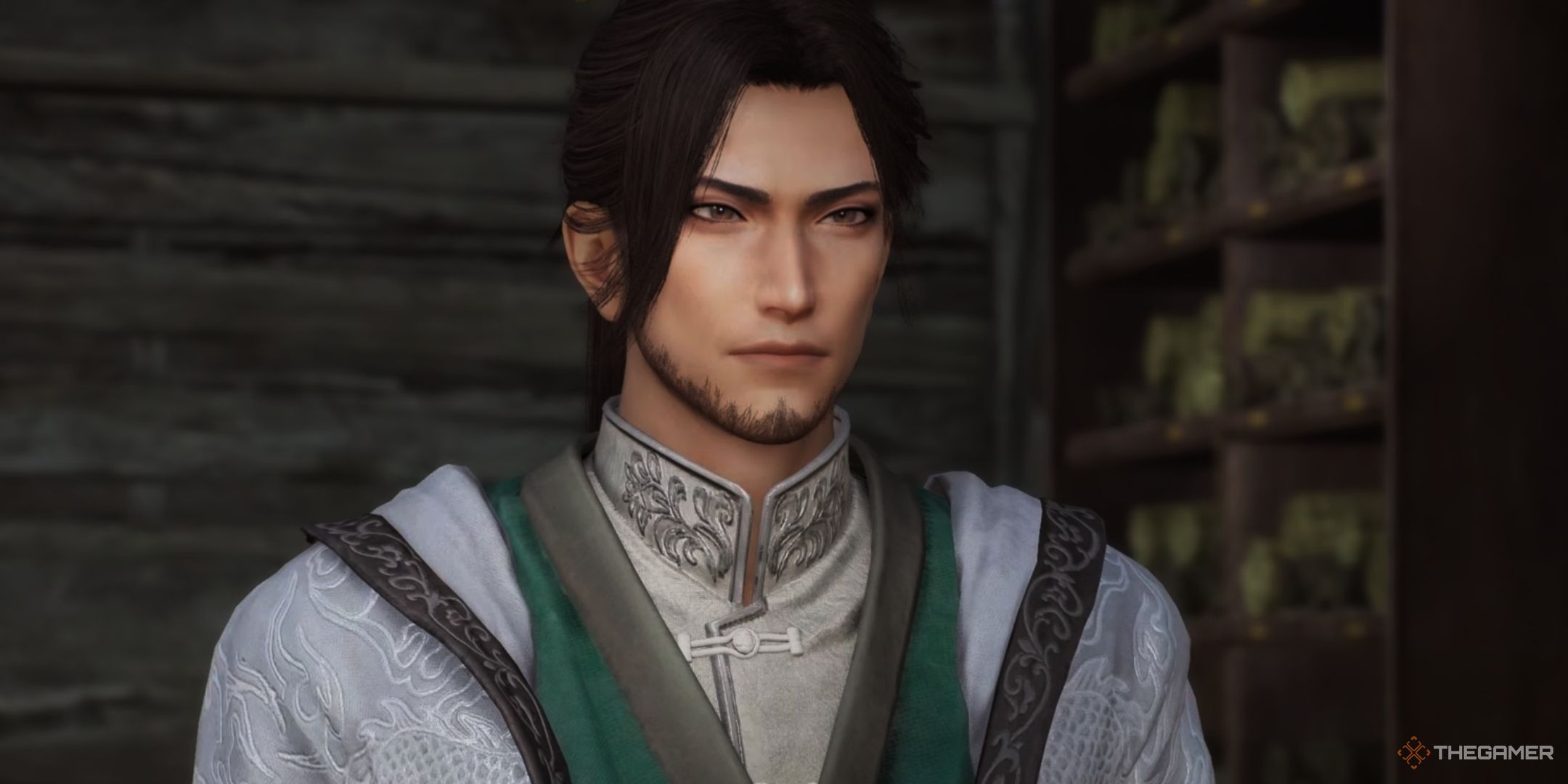 a closeup of zhuge liang at the shi jing retreat in dynasty warriors: origins.