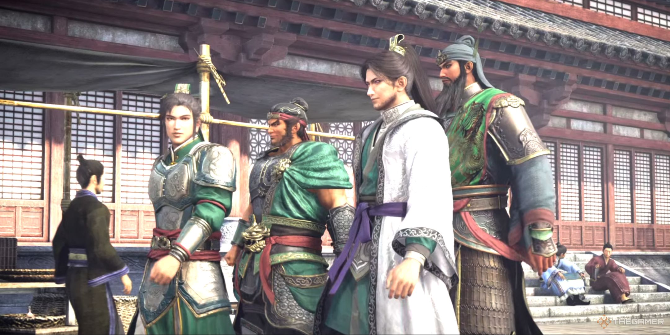 Liui Bei, Zhang Fei, Zhuge Liang, and Guan Yu walk through a city in Dynasty Warriors: Origins.