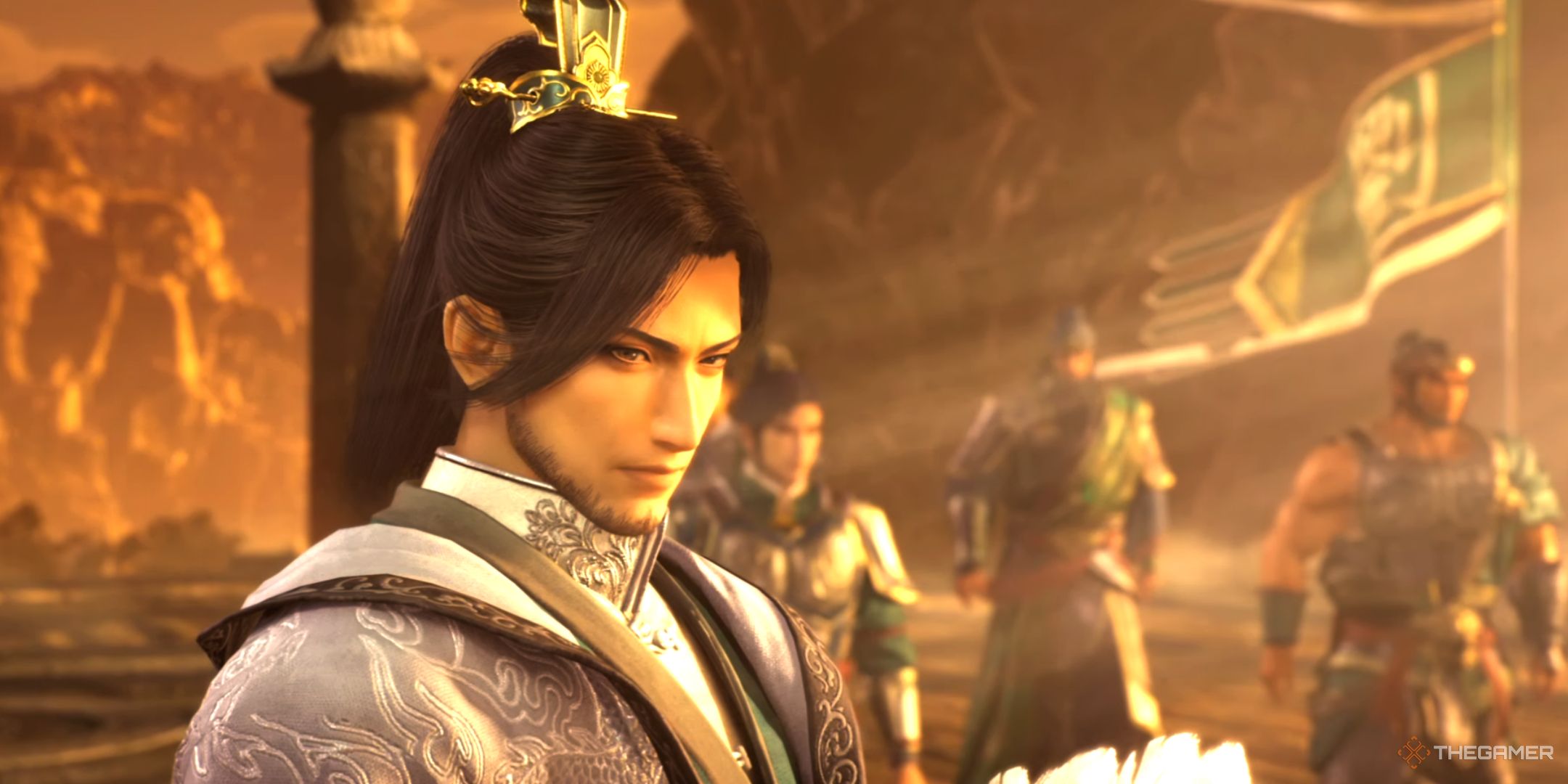 zhuge liang at sunset in dynasty warriors: origins, with liu bei, guan yu, and zhang fei in the background.