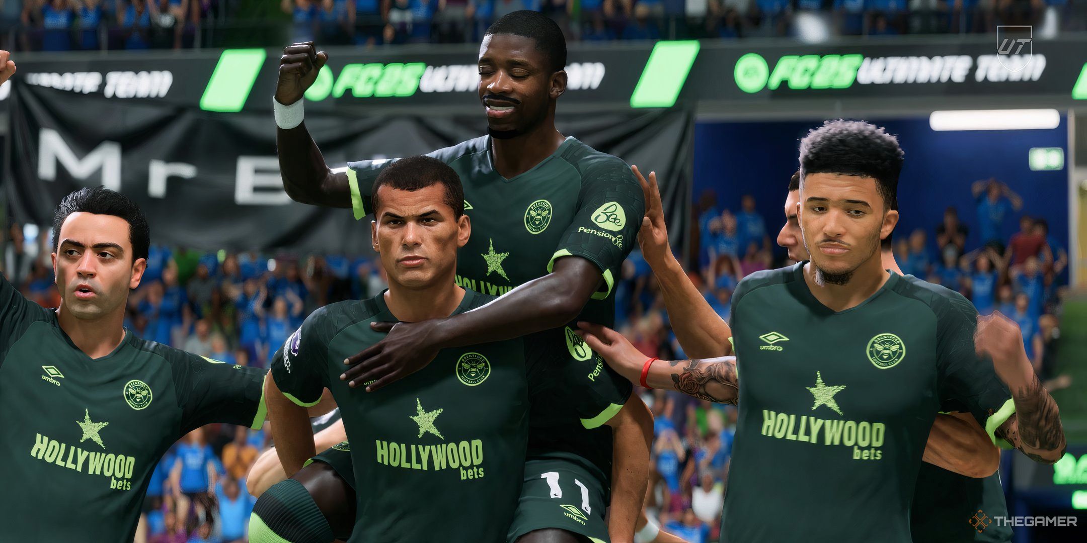 A screenshot of Icon players celebrating after scoring a goal in EA Sports FC 25. 