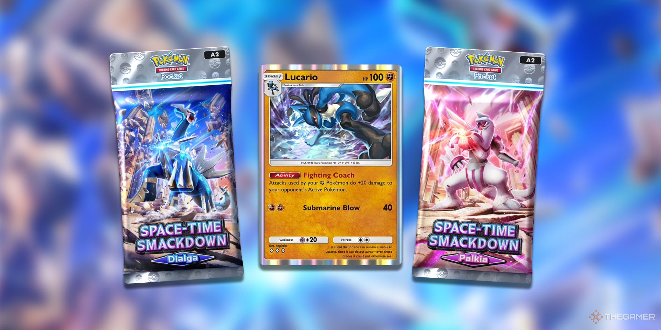 Two packs of Pokemon TCG Pocket Space Time Smackdown surrounding a Lucario card from the set.