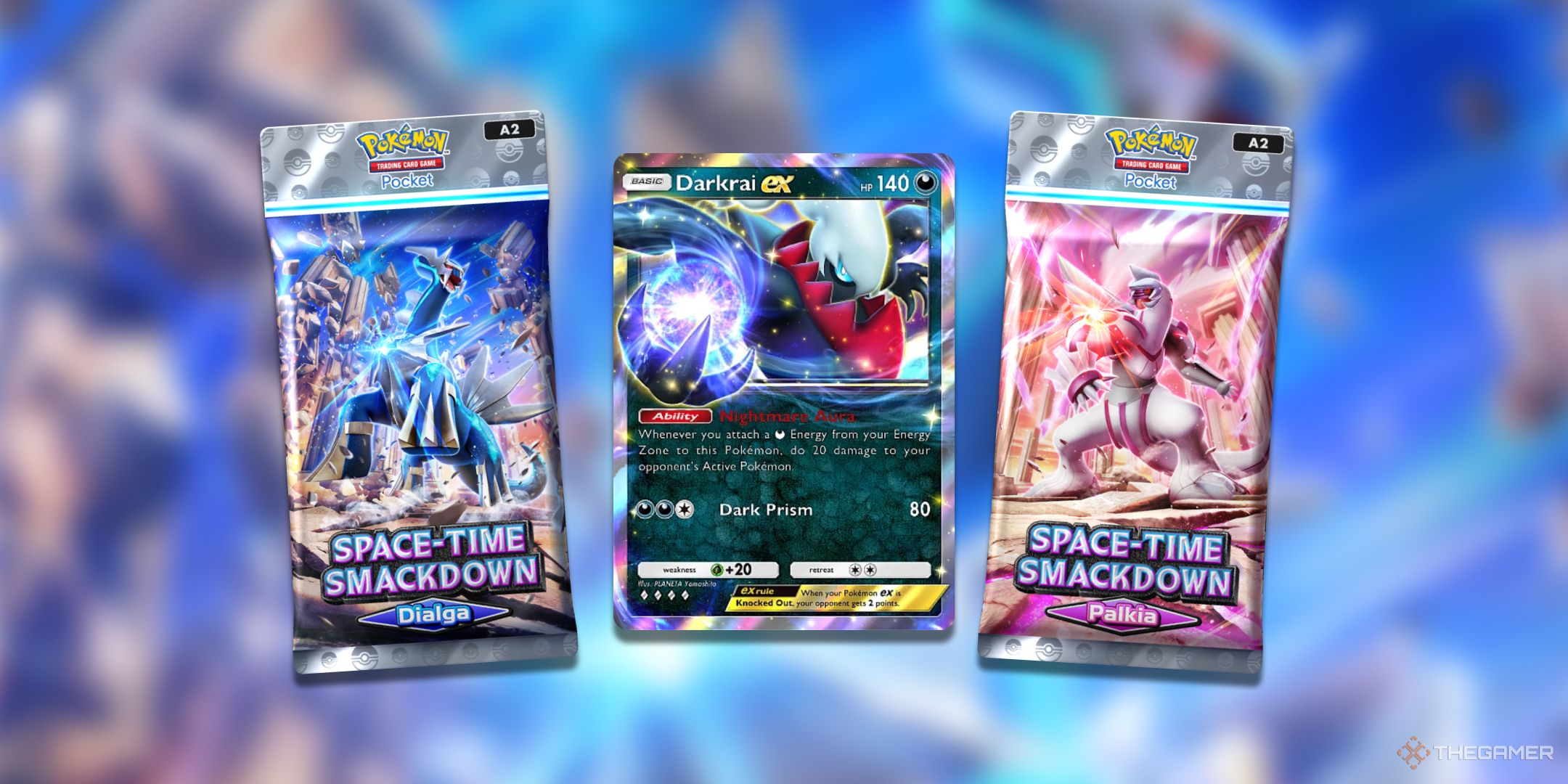 Two packs of Pokemon TCG Pocket Space Time Smackdown surrounding a Darkrai ex card.