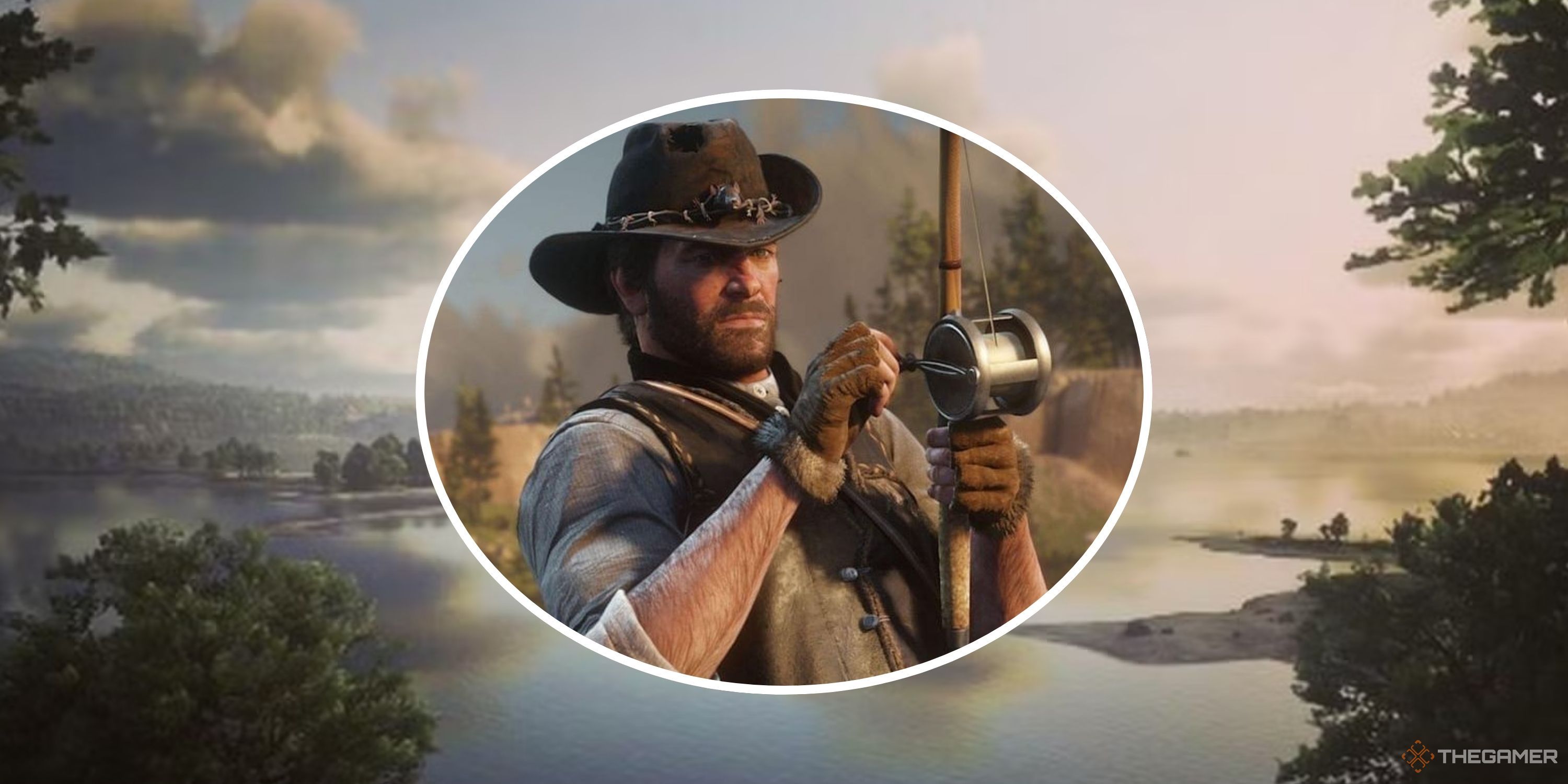 Arthur Morgan fishing against the backdrop of a pristine lake in Red Dead Redemption 2