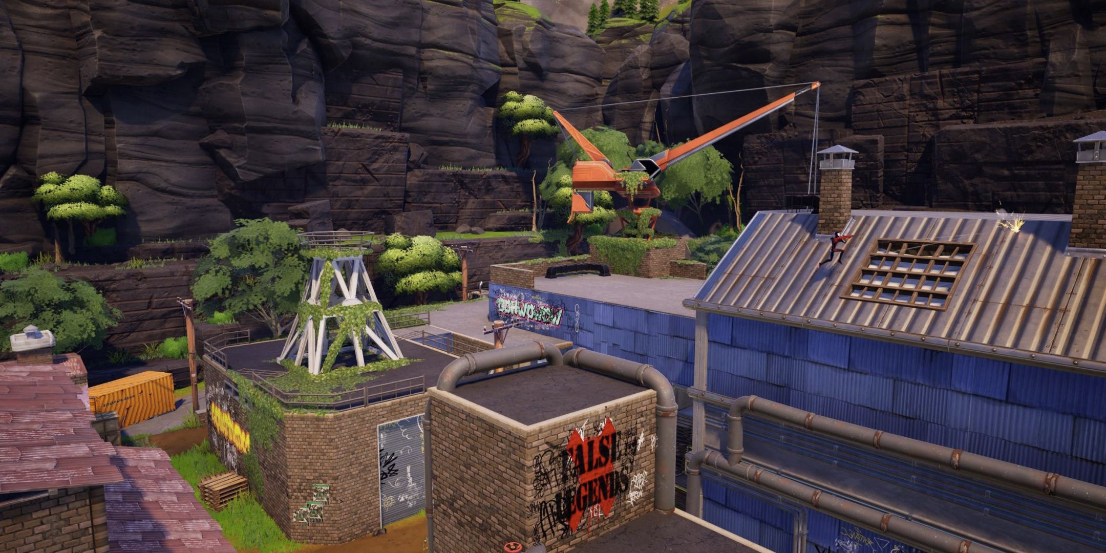 An overhead view of a warehouse map in Fortnite.