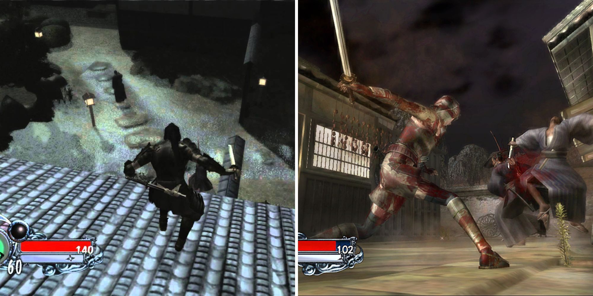 A split image of a robed figure and an armored soldier dueling, and a ninja warrior holding a sword on a slanted rooftop.