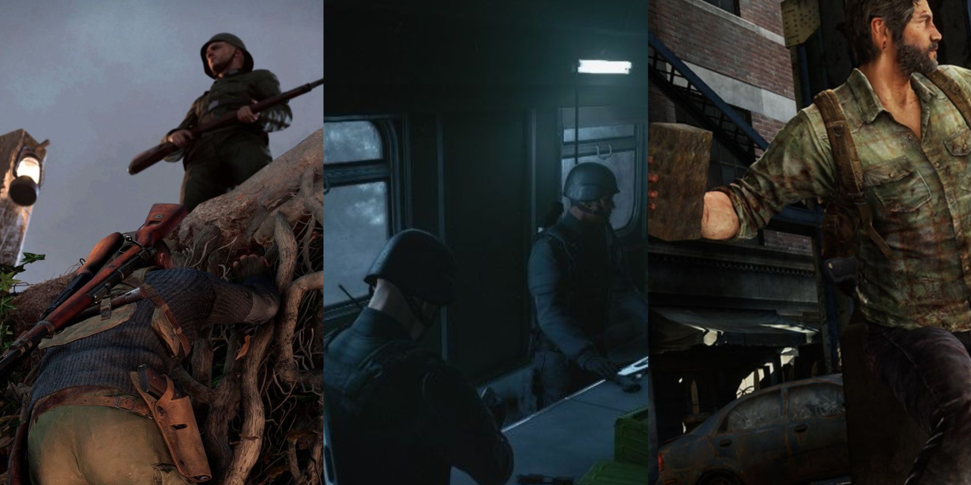 A three-image collage of the Sniper Elite character climbing up a ledge to a soldier, Agent 47 disguised as a SWAT member on a train, and Joel throwing a brick in The Last of Us.