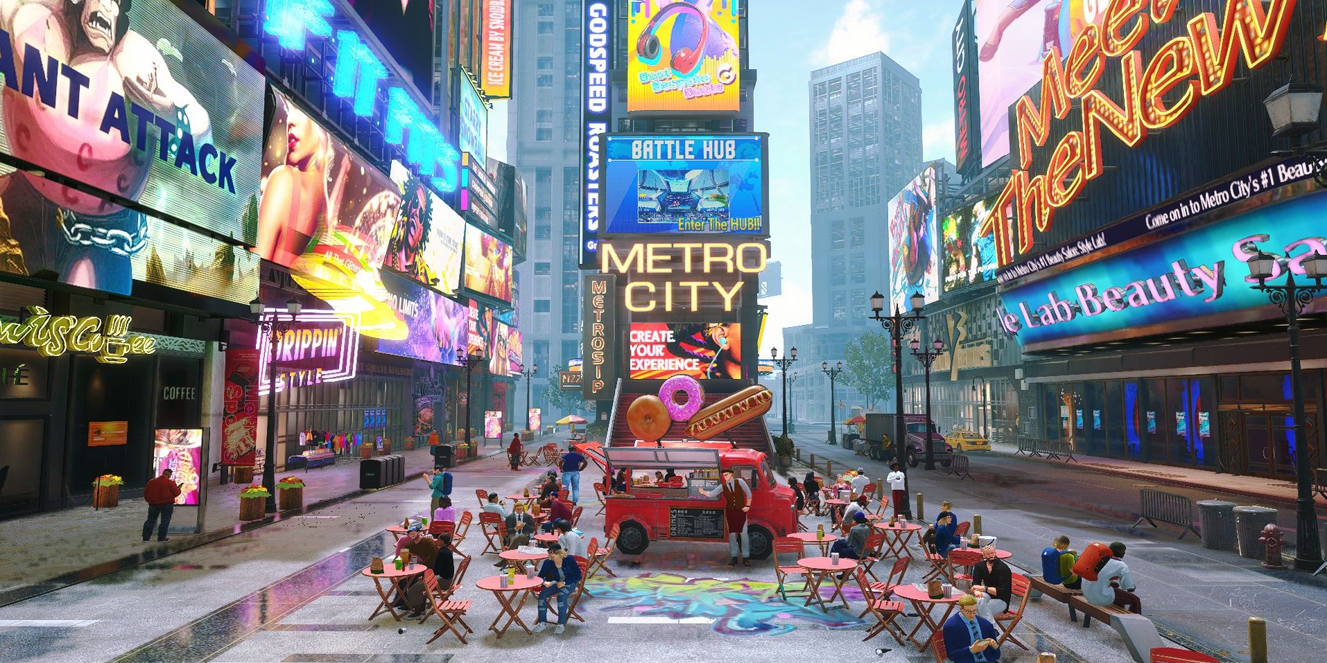 A look at the Metro City Plaza during the daytime in Street Fighter 6.