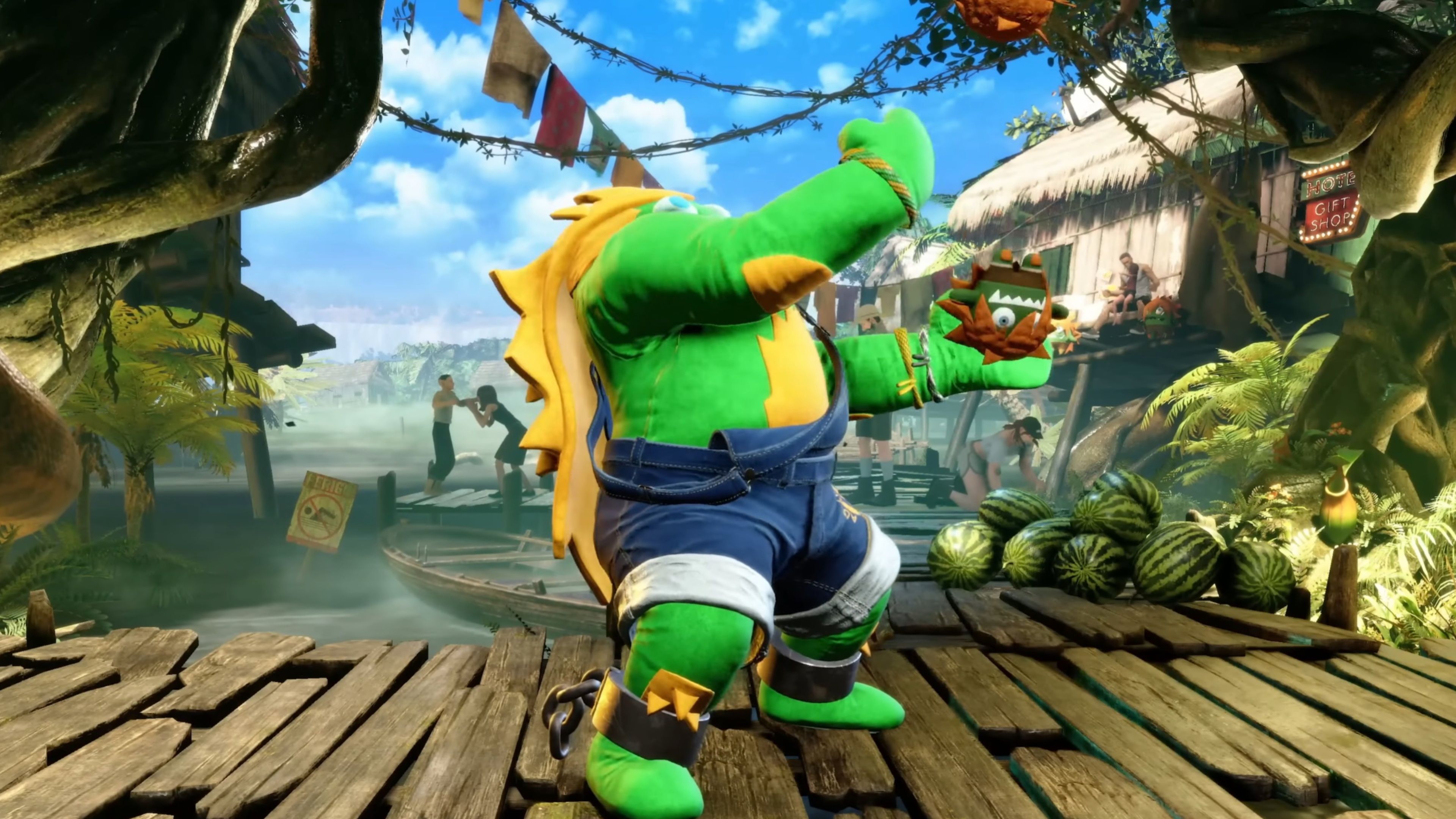 Blanka standing on the doc inside a fishing village in Brazil in Street Fighter 6.