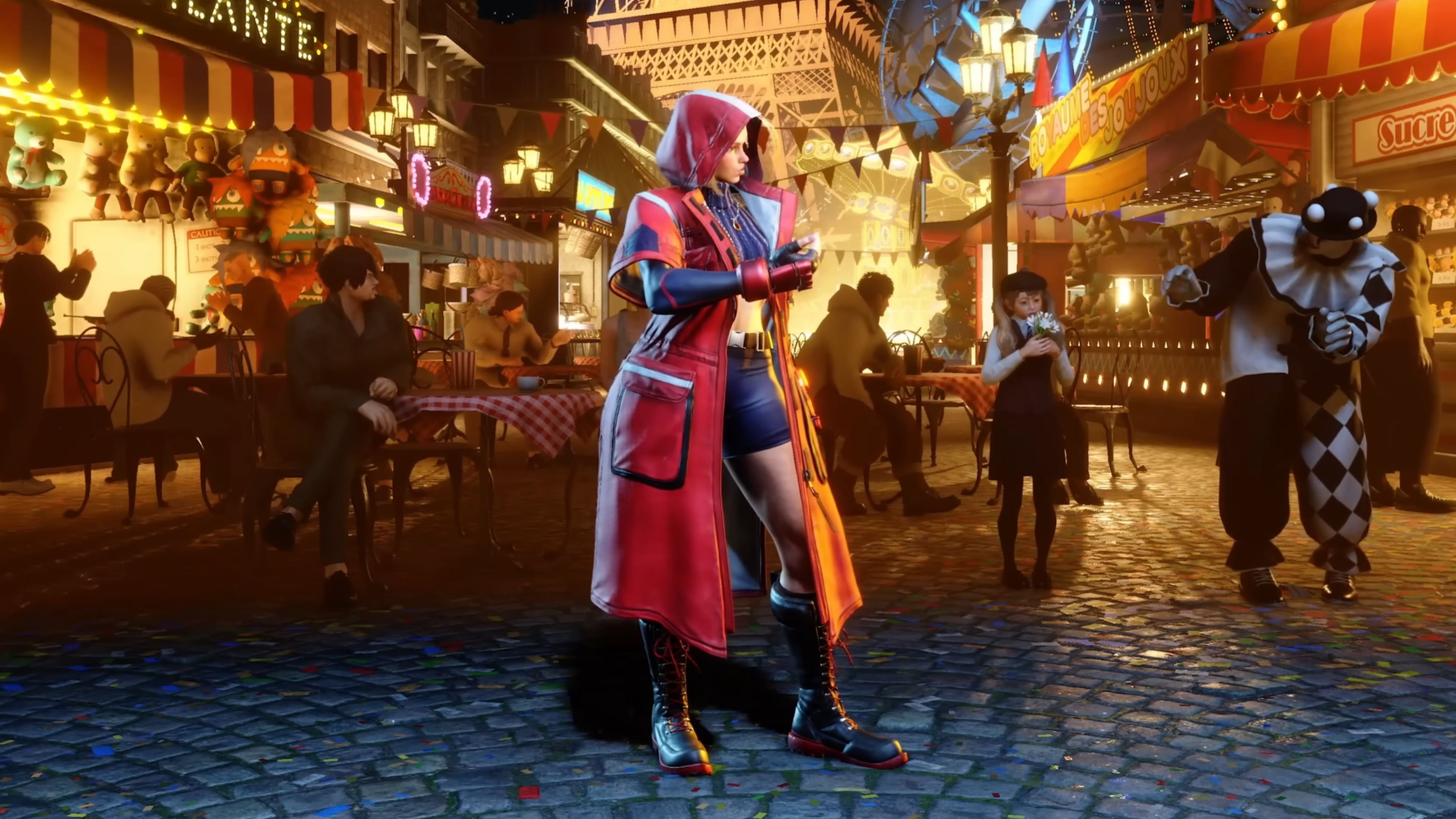 Cammy standing in the middle of a crowded carnival in France in Street Fighter 6.