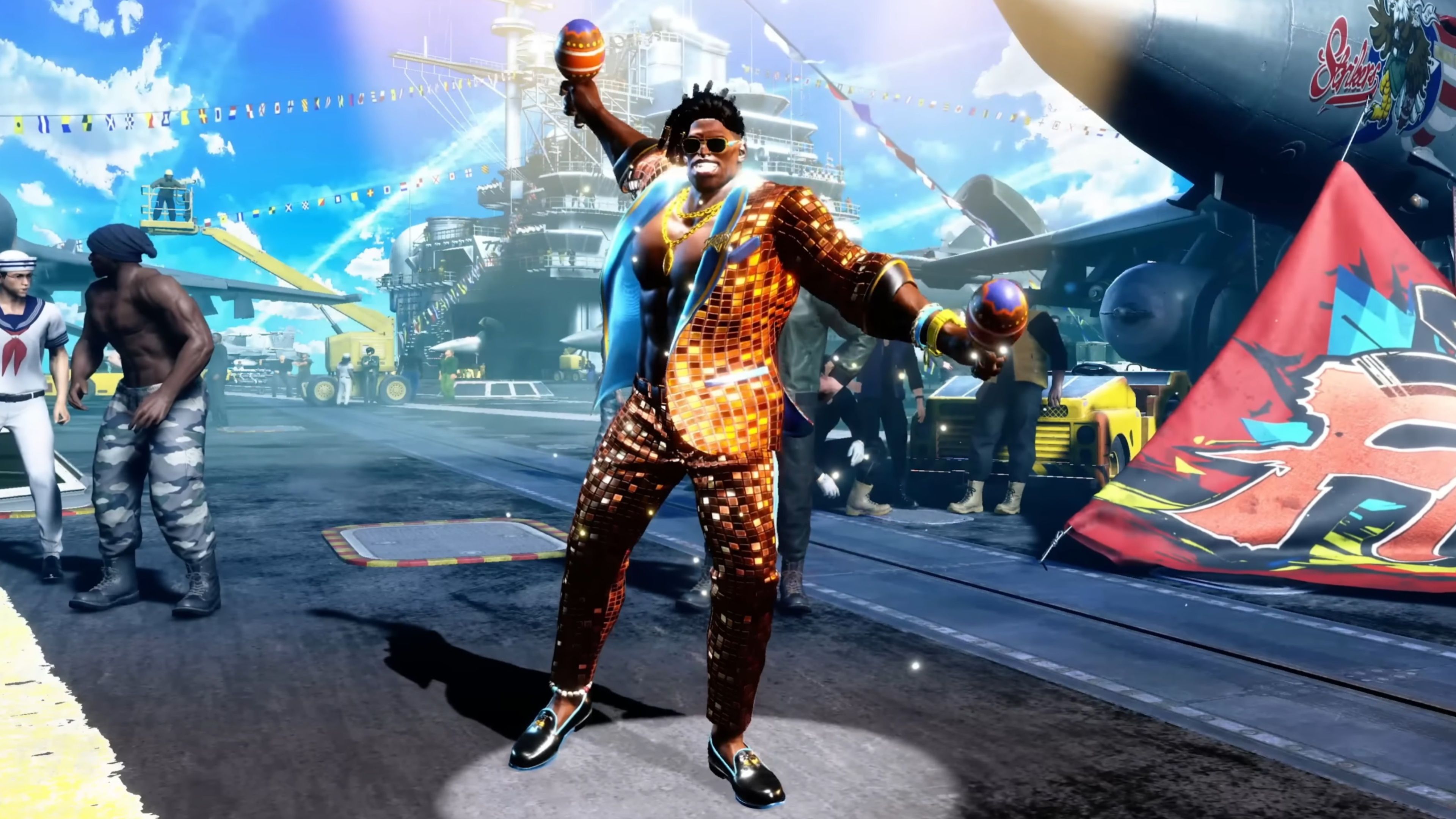 Dee Jay standing in the center of an airbase in Street Fighter 6.