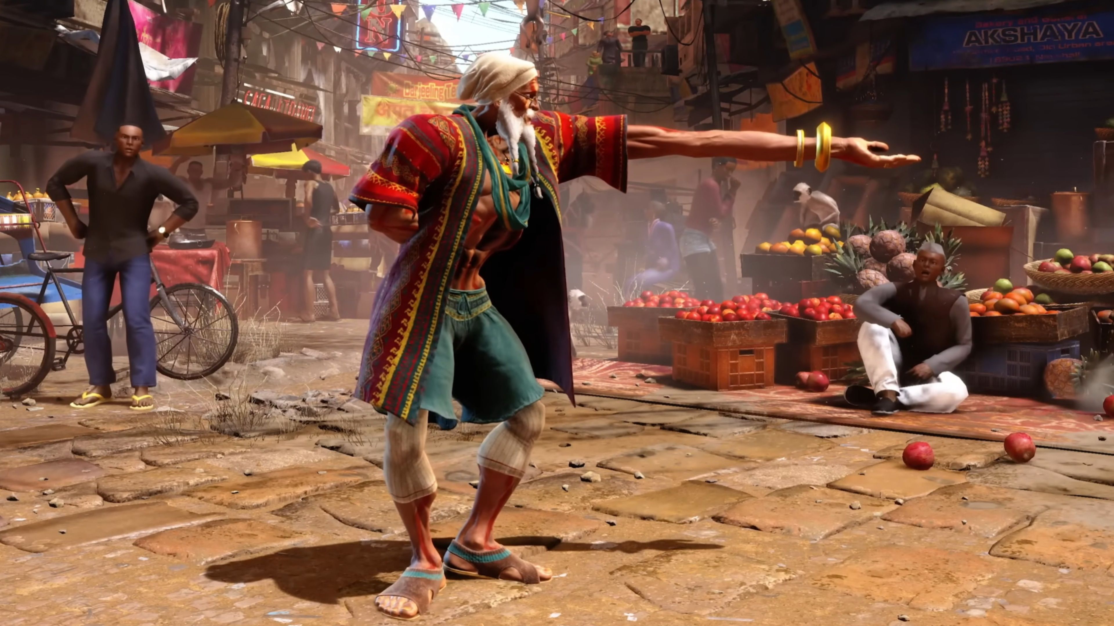 Dhalsim standing in the middle of a town market in Street Fighter 6.