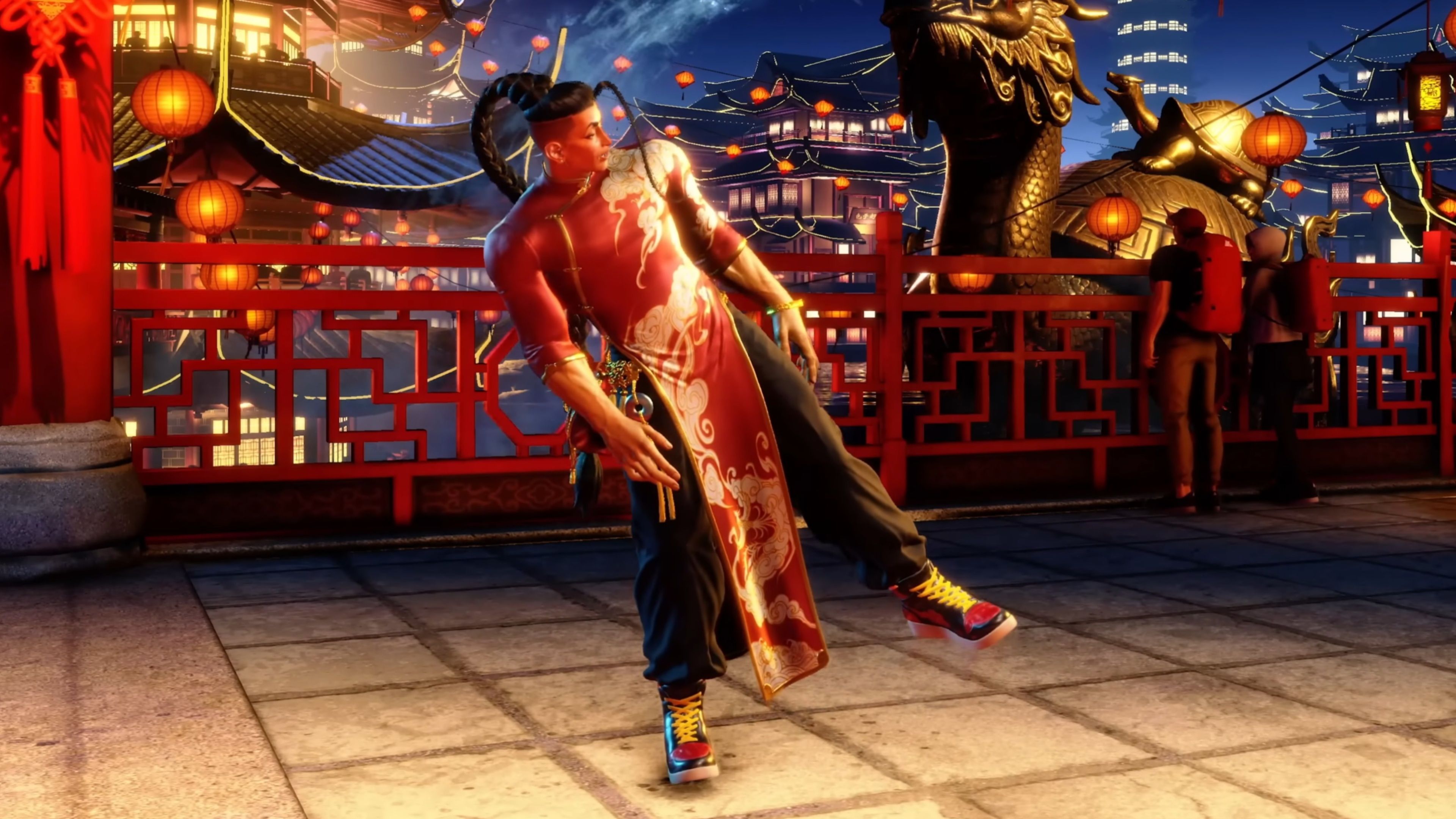 Jamie standing near the balcony of a massive skyscraper in China in Street Fighter 6.