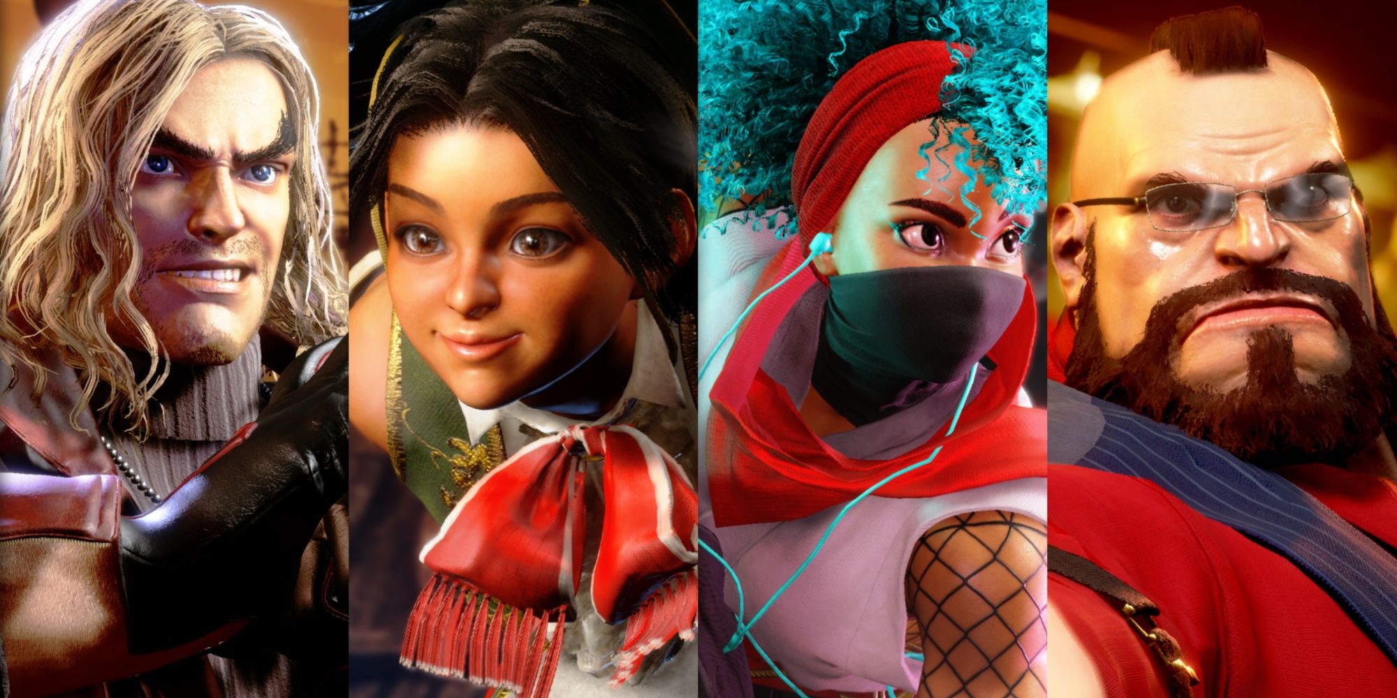 A collages of images showcasing (from left to right) Ken, Lily, Kimberly, and Zangief's Outfit 3 in Street Fighter 6