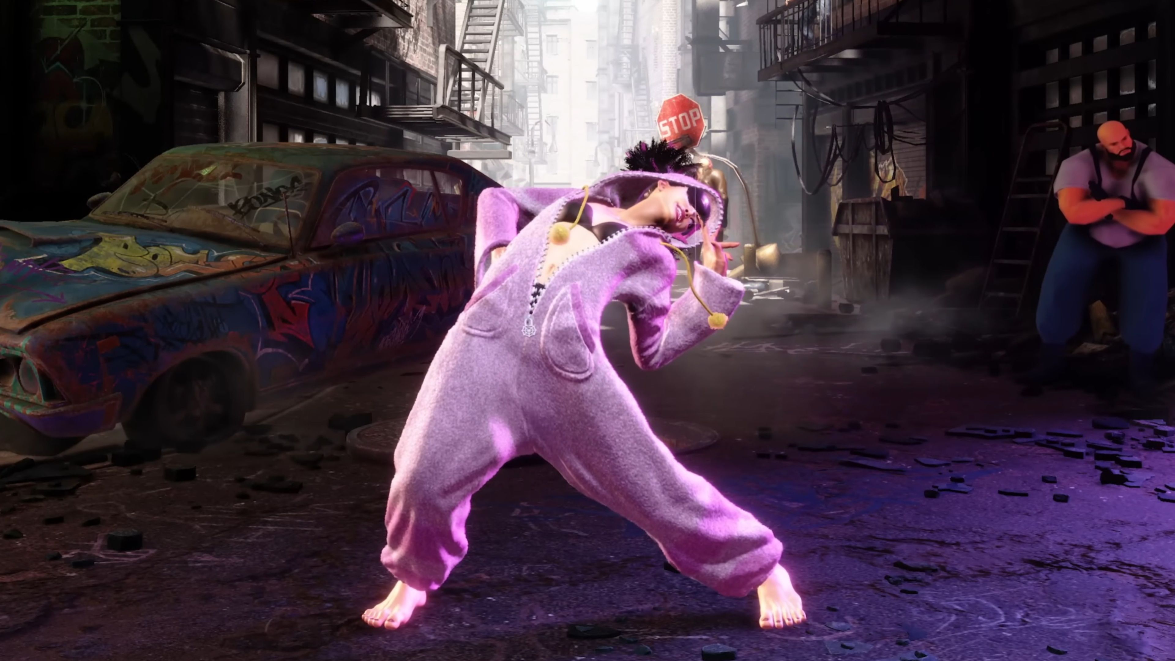 Juri standing in the middle of an alleyway in Metro City in Street Fighter 6.