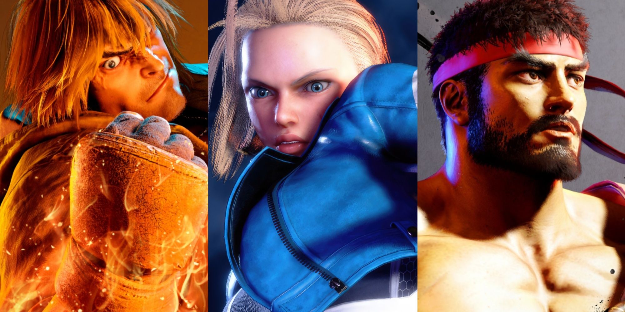 A collage of images showcasing Ken, Cammy, and Ryu in their new Outfits in Street Fighter 6