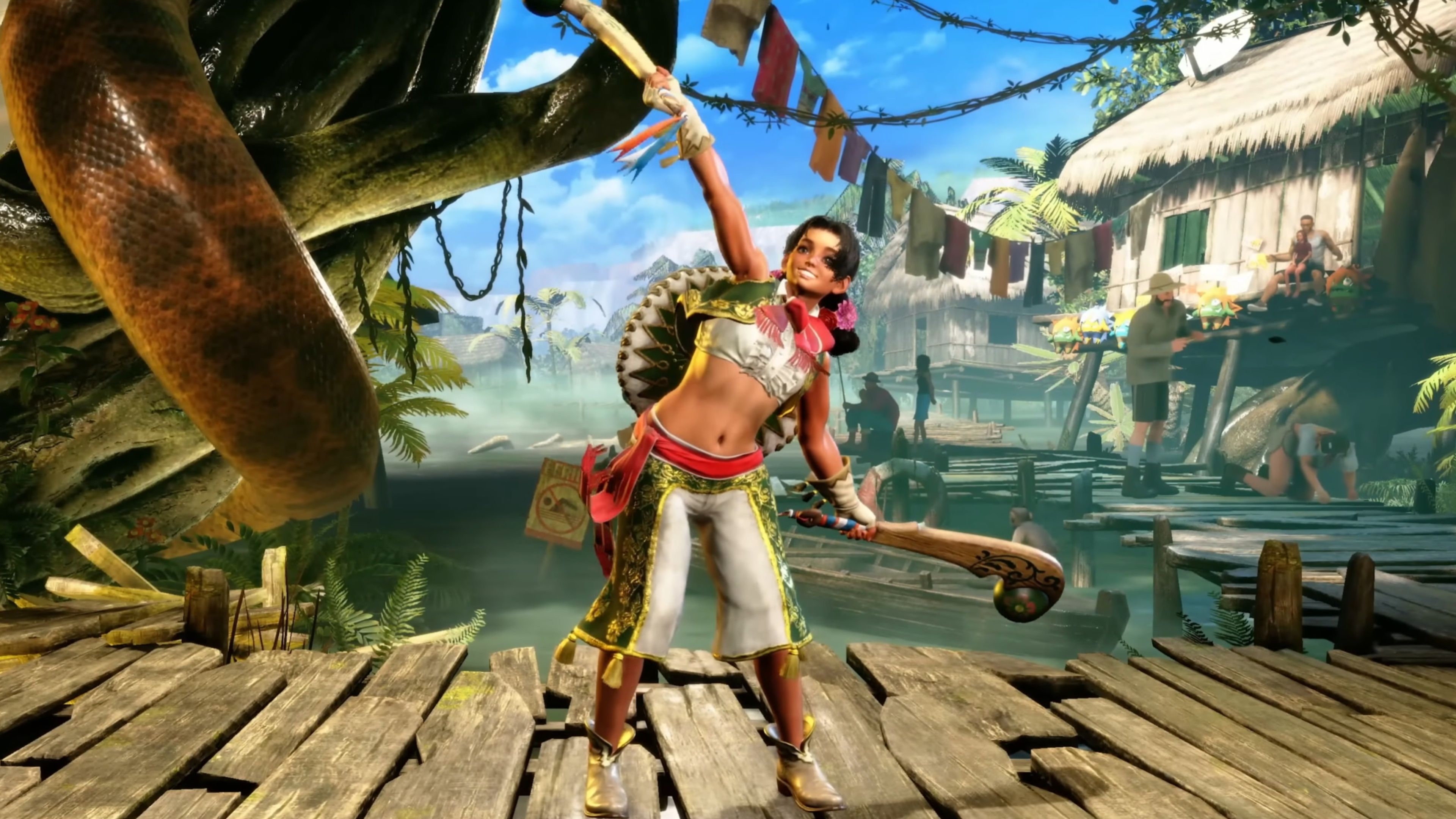 Lily standing on the doc of a fishing village in Brazil in Street Fighter 6.