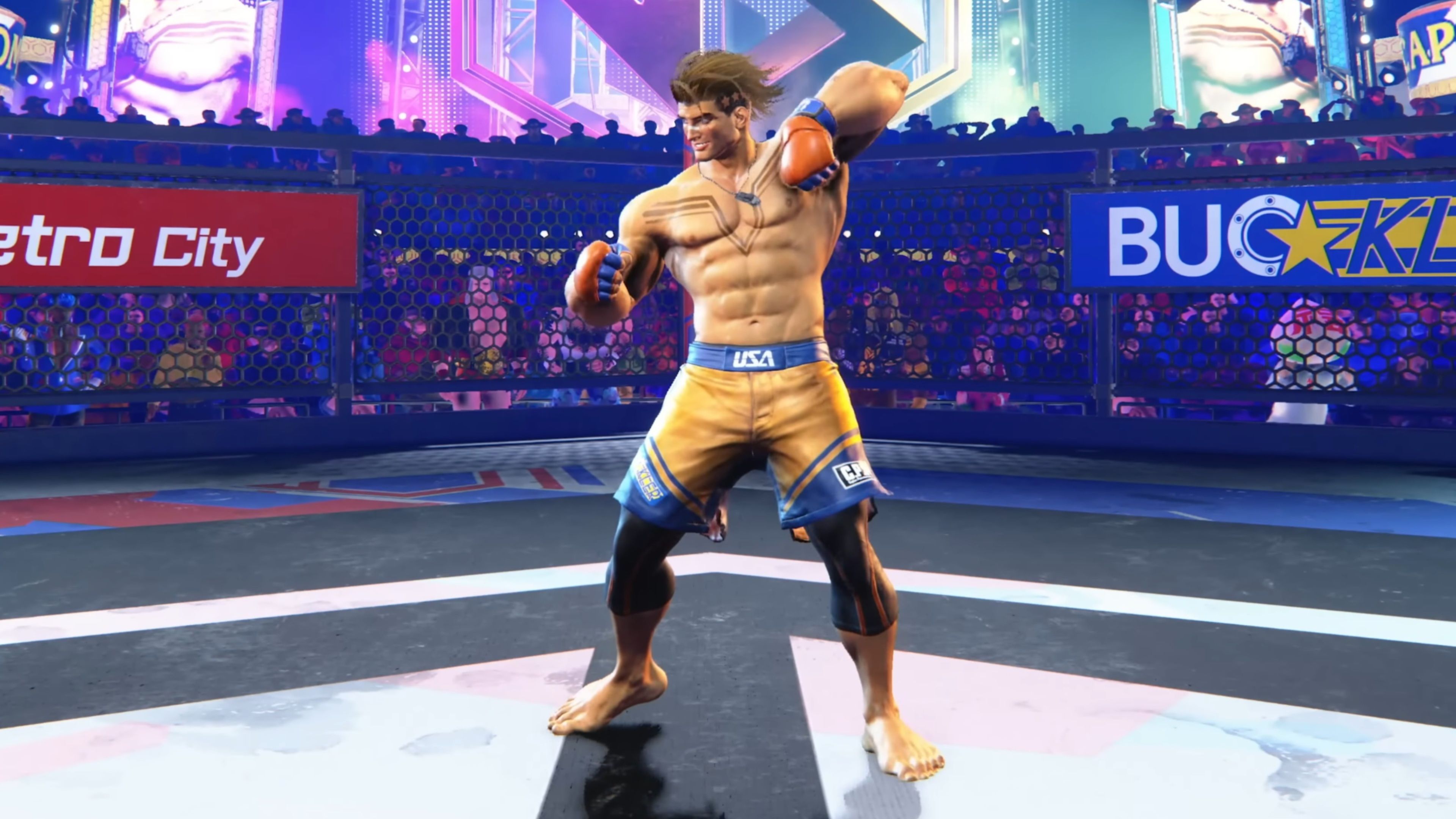 Luke standing in the middle of an octagon-shaped ring in Street Fighter 6.