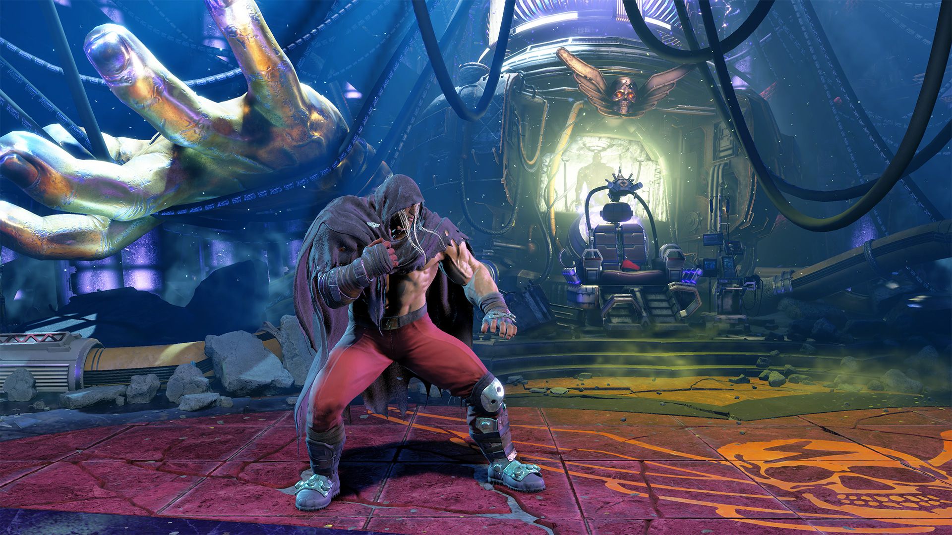 M. Bison standing in the center of a destroyed Shadaloo Lab in Street Fighter 6.