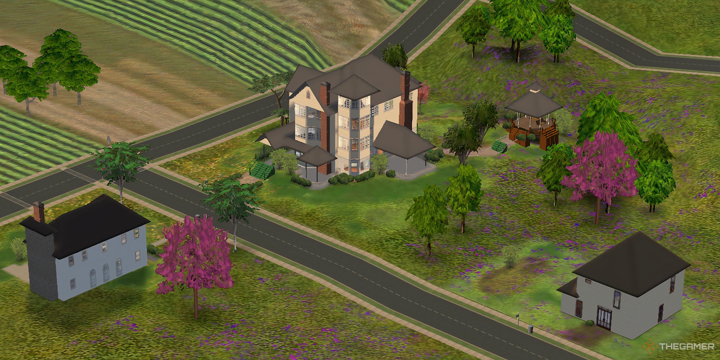 Custom neighborhood with several houses, flowers, and a gazebo.