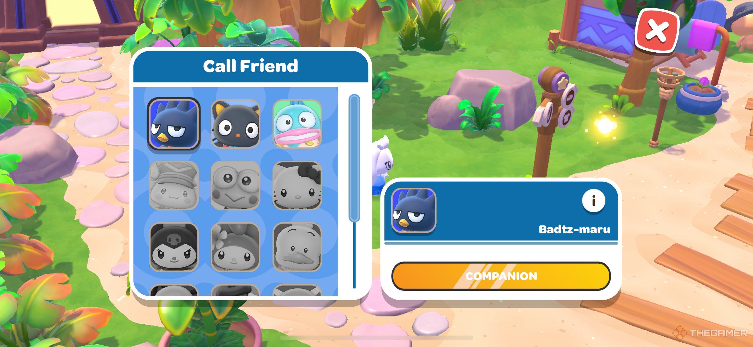 A player calling in a companion in Hello Kitty Island Adventure.